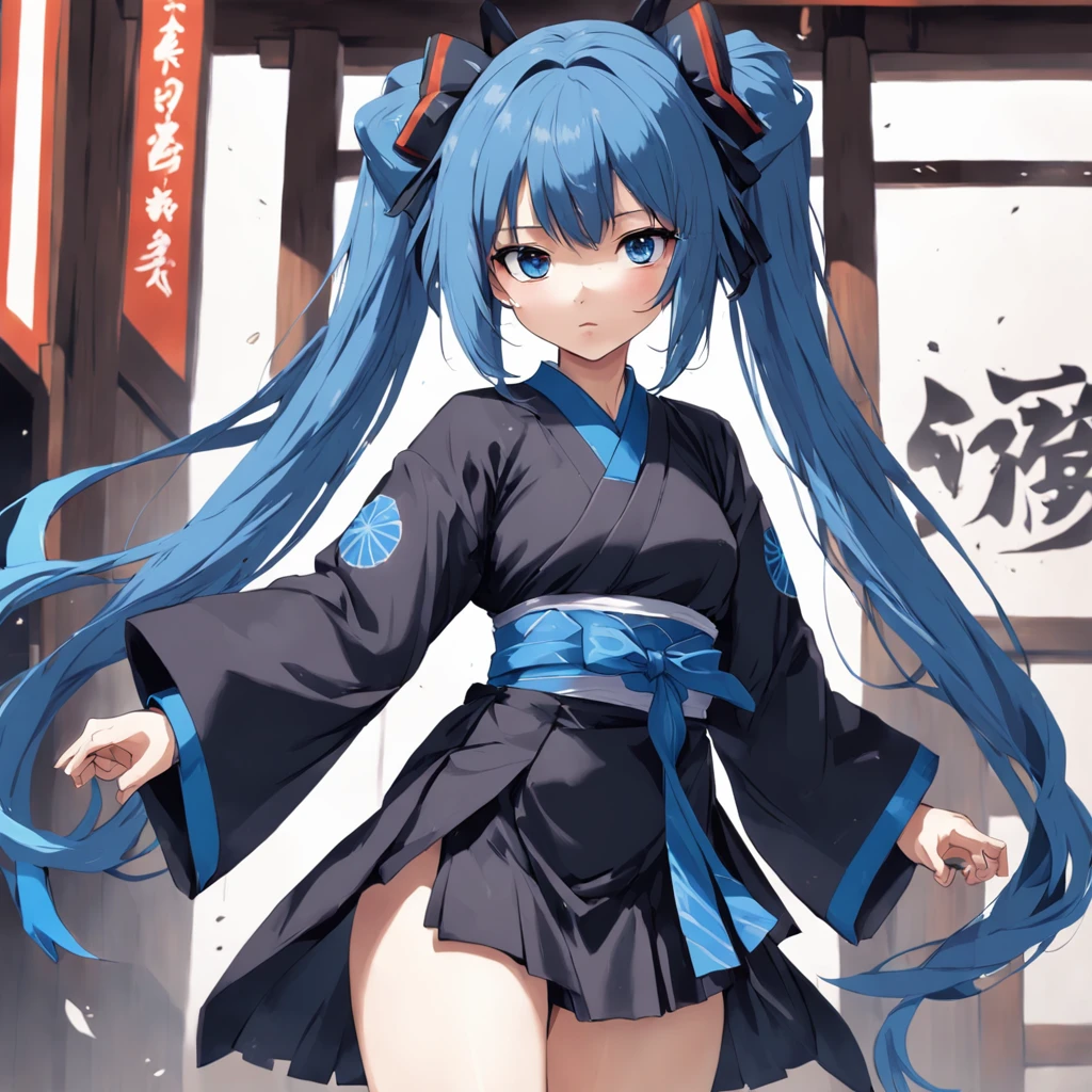 anime-style, 1girl, solo, expressionless face, blue hair, long length, twin-tails with an ahoge, right eye covered by bangs, blue eyes, dressed in a black traditional Japanese outfit, black geta sandals, drawing bow, against a dimensionless background, full-body composition, in an upright pose.