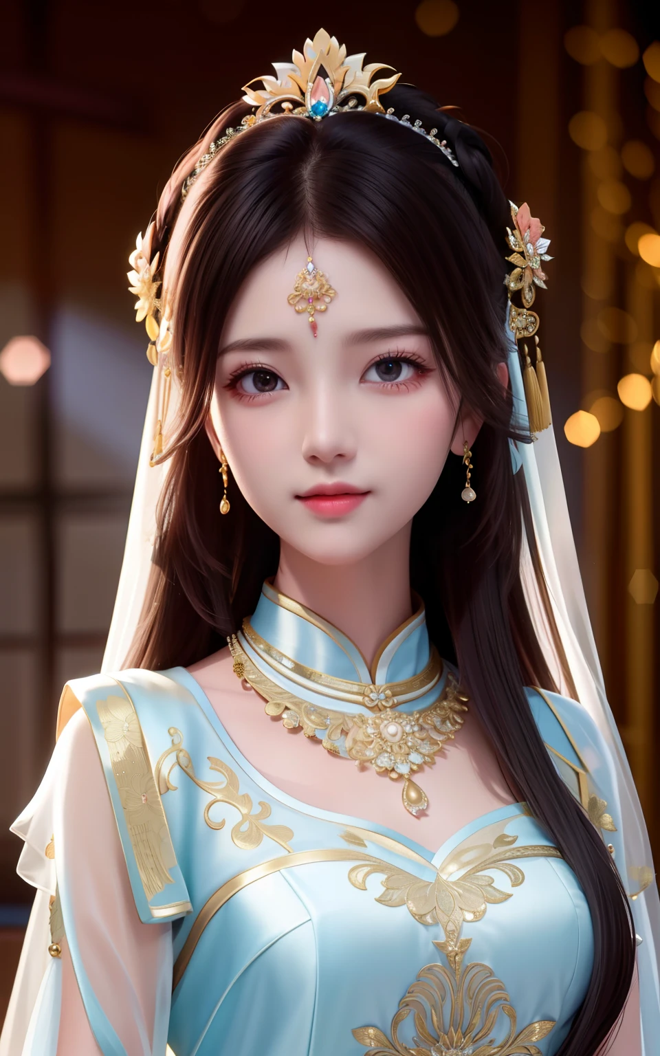 best quality, masterpiece, highres, 1girl,china wedding dress,hair ornament,necklace, jewelry,Beautiful face,upon_body, tyndall effect,photorealistic, dark studio, rim lighting, two tone lighting,(high detailed skin:1.2), 8k uhd, dslr, soft lighting, high quality, volumetric lighting, candid, Photograph, high resolution, 4k, 8k, Bokeh