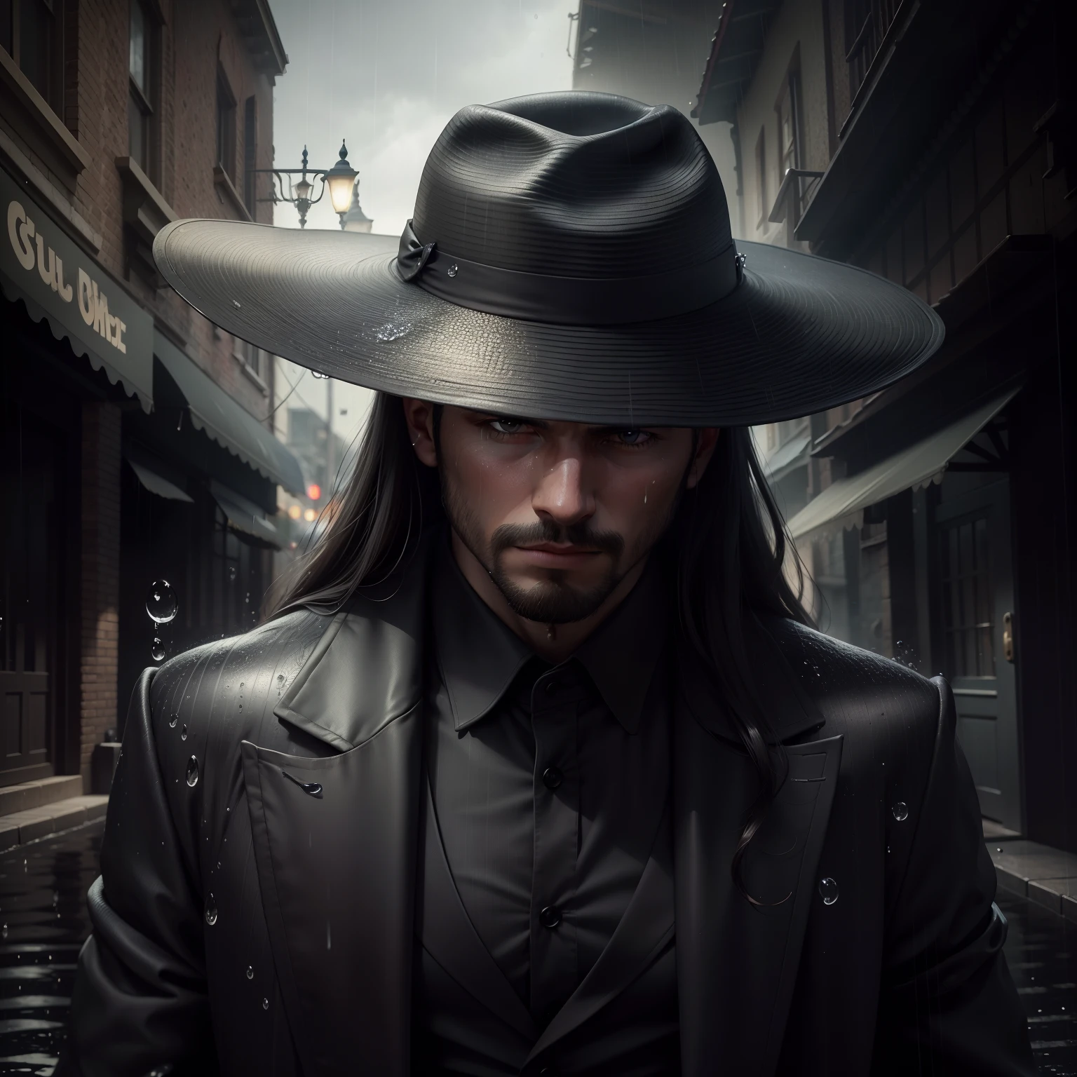 Create a super realistic masterpiece with a man wearing a black fedora hat, vestido com um sobretudo preto com luvas pretas, imerso em um beco escuro e sombrio em um dia chuvoso. His head is down, evoking an air of mystery. The image should be extremely realistic and rendered in 8K resolution. Intricate raindrops should be visible on your clothing and face, Capturing the essence of rain. The lighting should be impeccably adjusted to match the darkness of the night, destacando cada detalhe da cena. The goal is to create a visually stunning representation that leaves an impact, capturing all elements vividly and realistically.