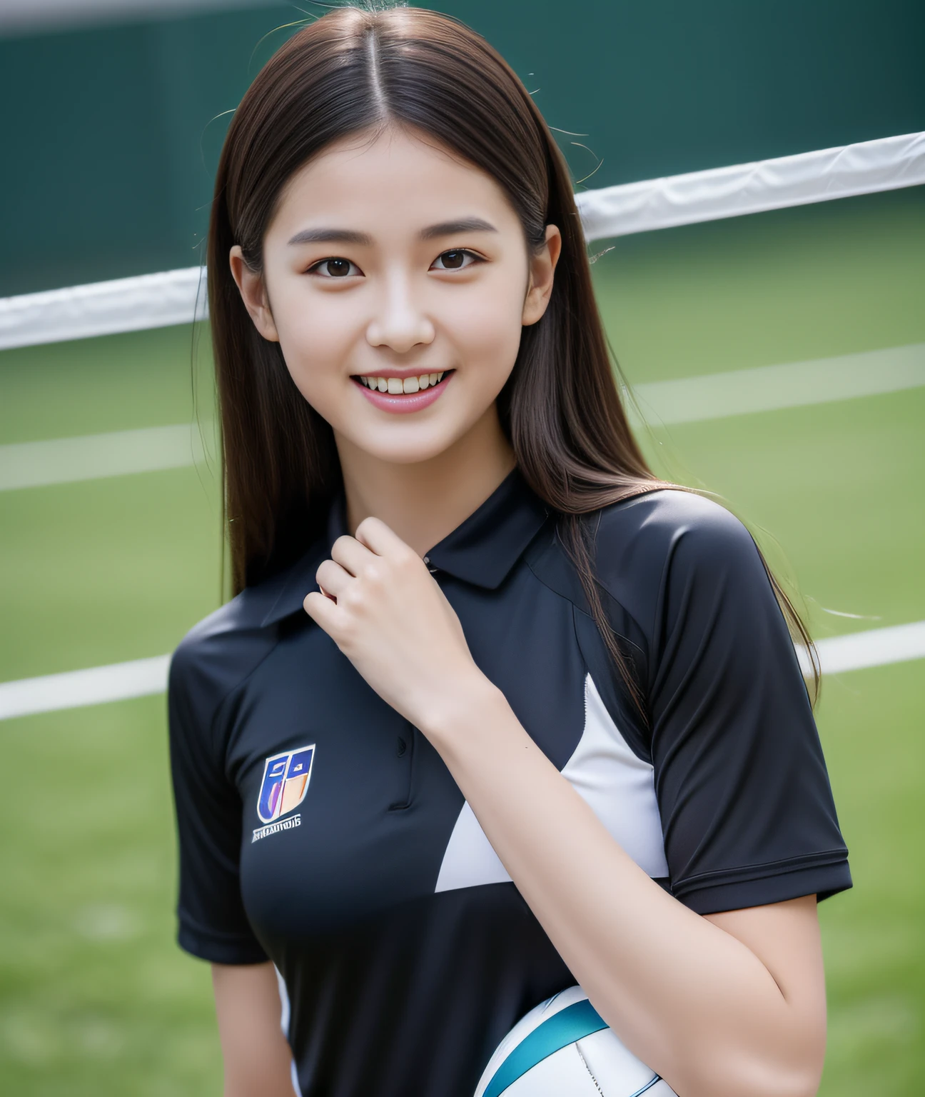 ((Best Quality, 8K, Masterpiece: 1.3)), a beauti, In addition, melon face, Friendly and cute, sweet smile, Pure desire, Slender body, (s whole body), (tilted head), ((looking at camera)), Medium Black Silky Straight Hair, Long flowing shoulders, round black big eyes, clear big eyes, moist red lips, Volleyball stadium, ((full body shooting)), (Volleyball Uniform), (Middle breast)