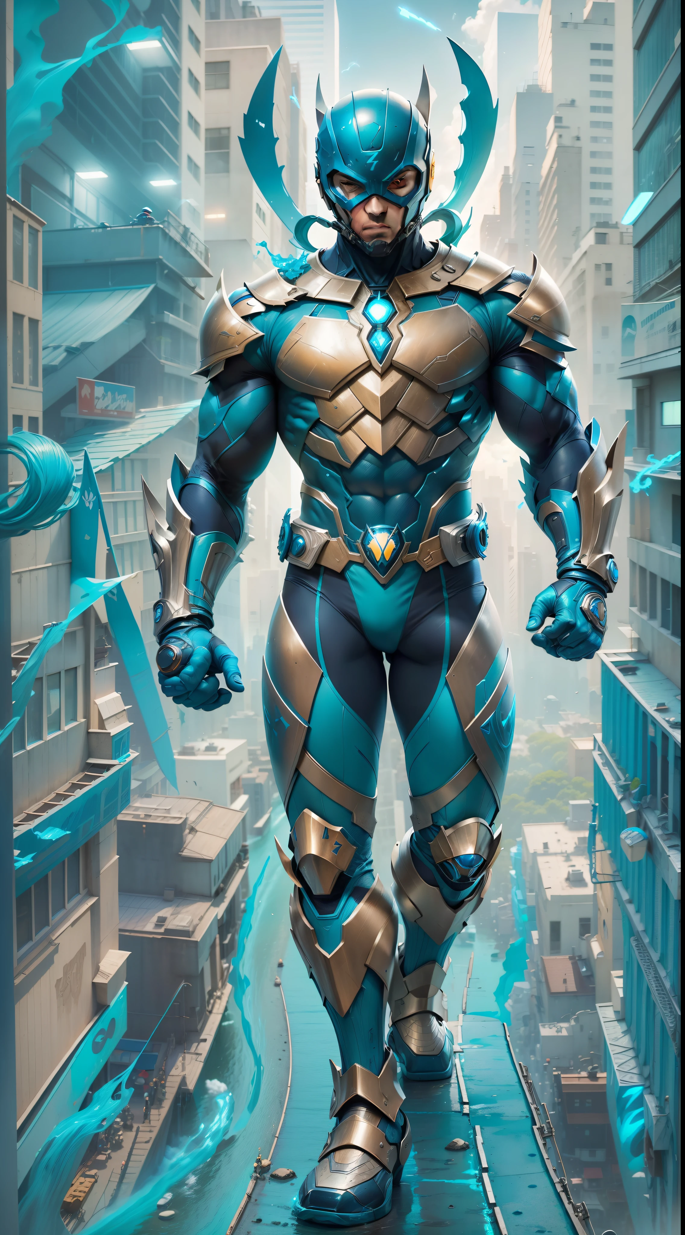 A imagem apresenta o "besouro azul", an iconic DC Comics character. The hero is depicted in an action pose, highlighting his characteristic armor and determined posture.

Wearing a bright blue metallic armor, the Blue Beetle exhibits technological and futuristic details. His armor is adorned with lines and patterns that denote sophistication and technological advancement.

Seu capacete tem uma viseira em formato de besouro, a striking feature of the character. Through the visor, His eyes shine with determination and courage.

The predominant colors are shades of blue, com detalhes em preto e prateado. Isso cria um visual elegante e moderno, reflecting the fusion of technology and heroism that defines the Blue Beetle.

The background of the image is a mixture of urban and technological elements, reinforcing the character's connection to the modern world and its urban adventures.

This image captures the essence of the blue beetle, showing off his unique armor, his distinctive look and determination as a hero. It evokes the sense of action and adventure that surrounds the character, convidando o espectador a explorar o mundo vibrante e empolgante da DC Comics.