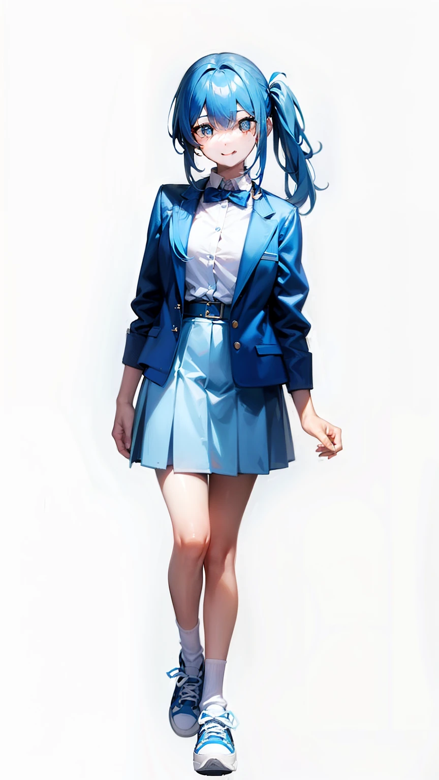 High  Girls Shut Up and Smile Long Blue Hair Blue Jacket White Shirt Blue Short Skirt Blue and White Sneakers