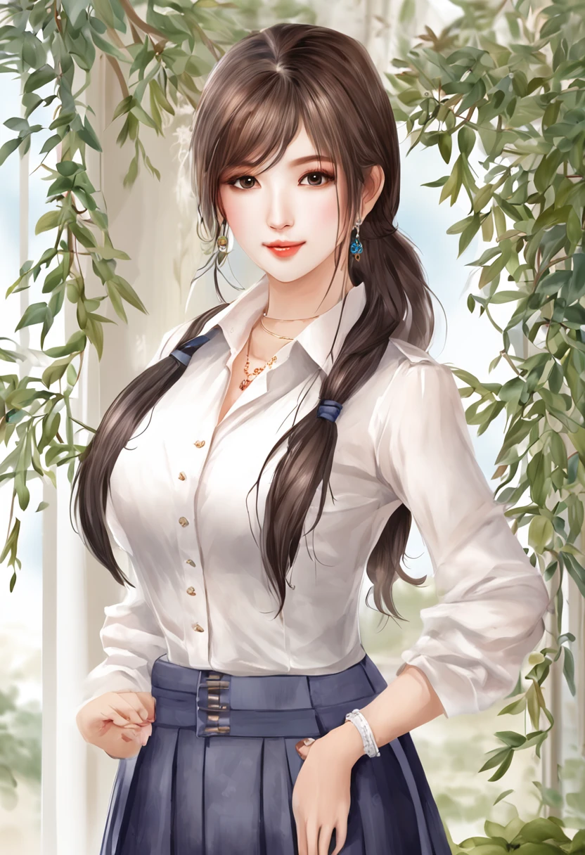 (blush face), (shiny skin), girl, ((see-through white shirt)),(medium breasts), (overgrown), Oiran, Masterpiece, ((standing)), from front, (cleavage), abs