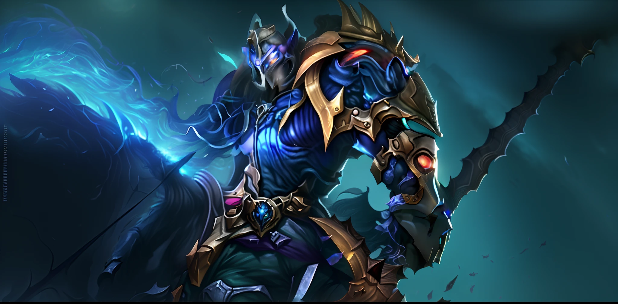 um close up de uma pessoa em um cavalo com uma espada, heroes of the storm splash art, Warwick Santo, Arte Splash, Splash Art Oficial, 8 K HD WallpaperArtefato jpeg, 8k hd wallpaperjpeg artefato, nasus, cavaleiro da morte, League of Legends arte splash, Raziel IRL, Jayce Arcano, cavaleiro da morte