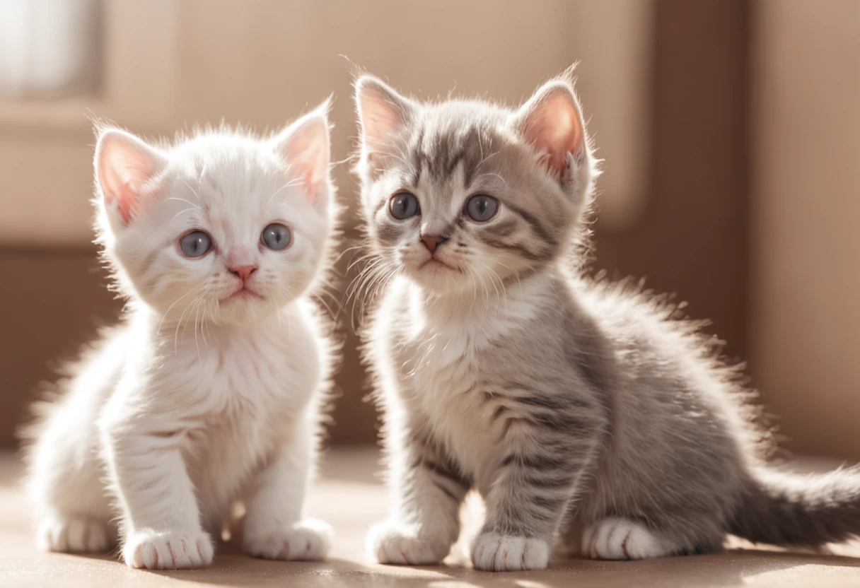 2 cute happy kittens playing in the morning light, pixar, adorable