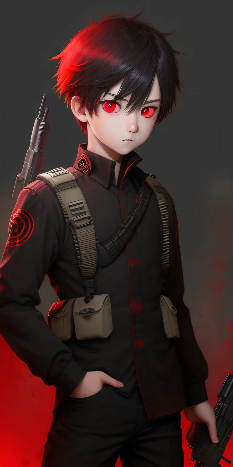 Boy gun red eyes natural background