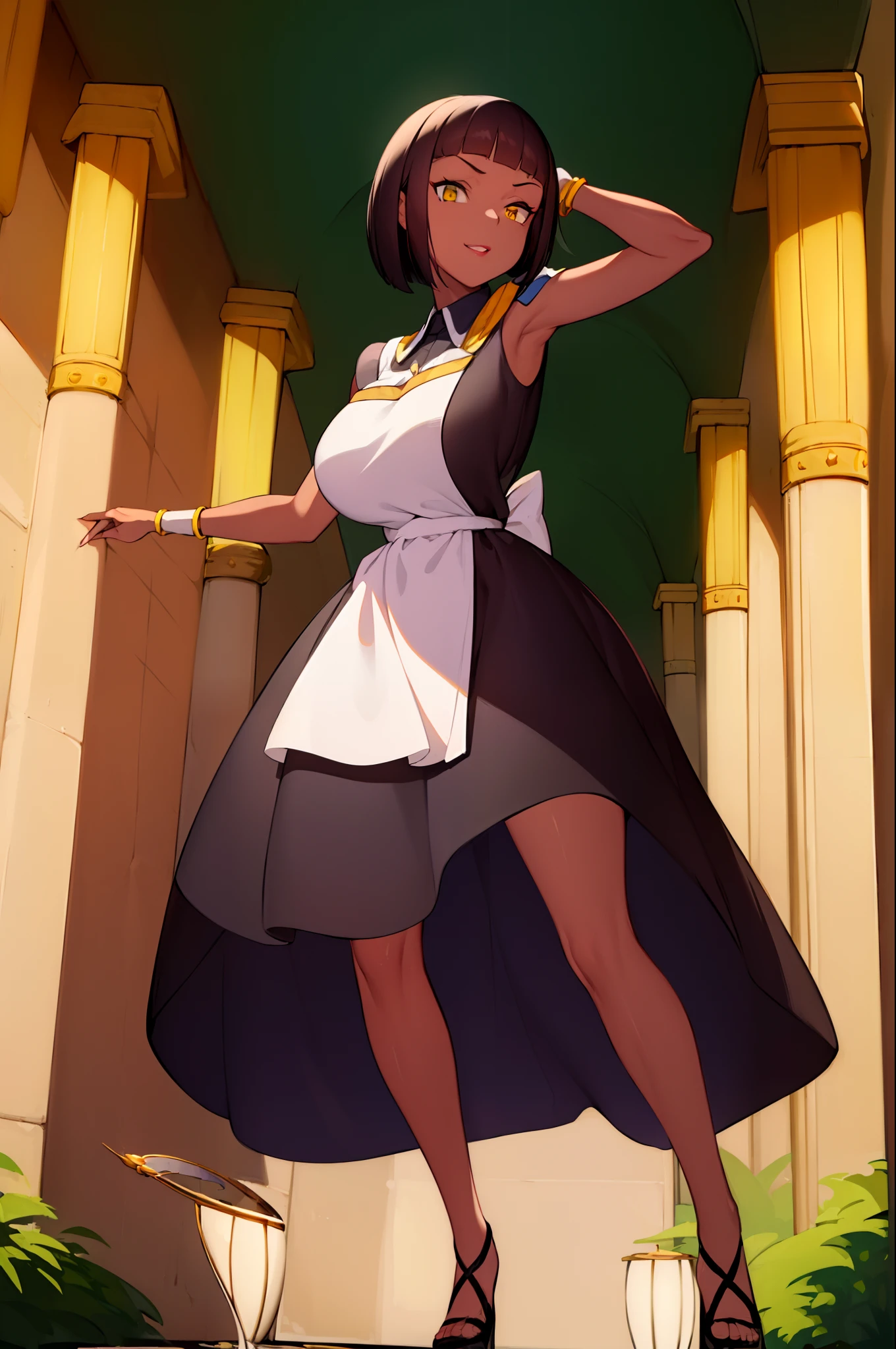 (masterpiece:1.4), (best qualit:1.4), (high resolution:1.4), Osira, black dress, white apron, black hairband, smile, looking at viewer, legend of queen opala, 1girl, osira (character), black hair, darkskinned female, yellow eyes, blunt bangs, big breasts, annoyed expression, looking at viewer