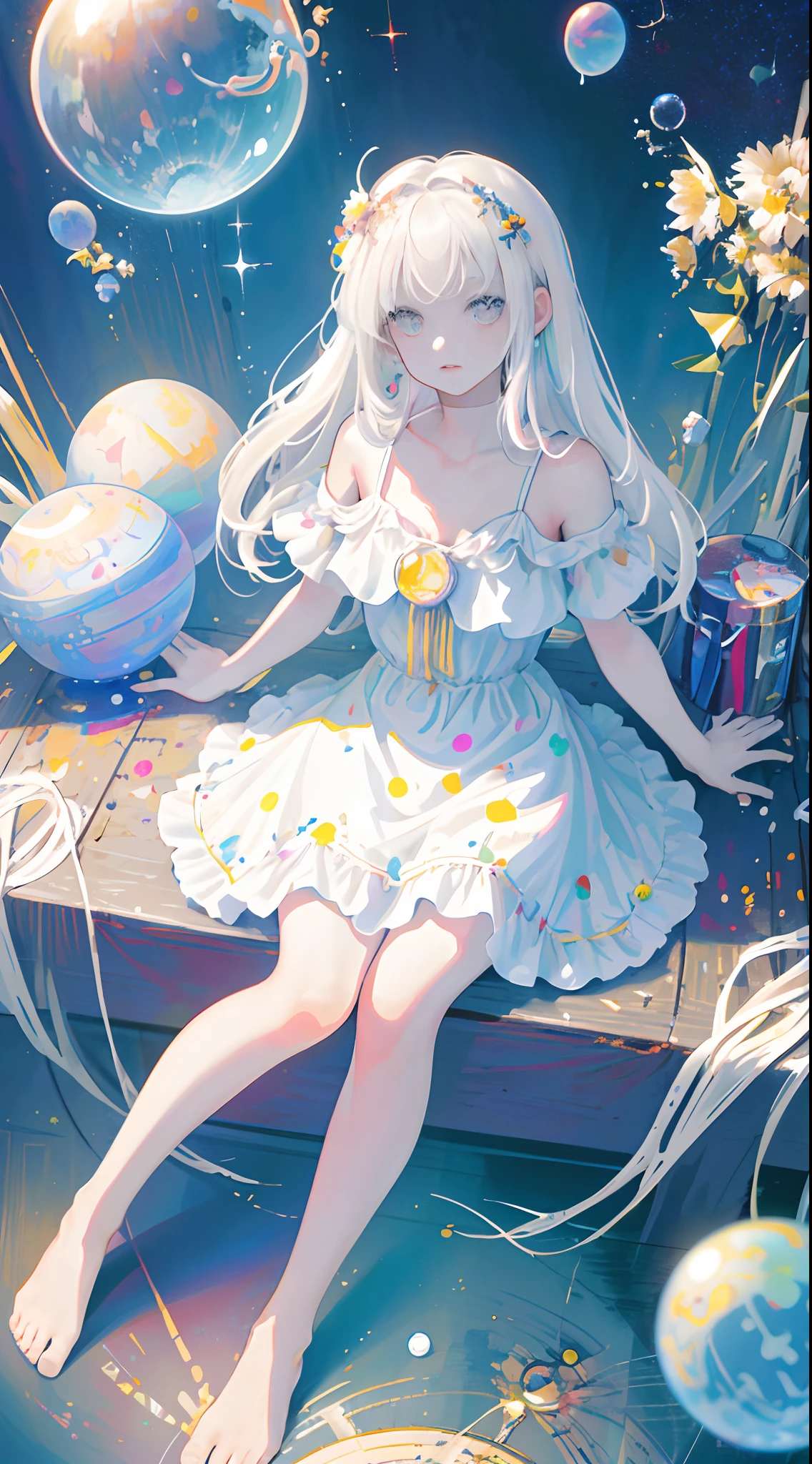 (Masterpiece, Best quality:1.2), (Ultra detailed),(illustration), the wallpaper, Original,
1girll, Messy white hair, spaghetti straps, White dress, Bare legs, Bare feet, Bare arms, space, Earth background, Near-Earth orbit, full bodyesbian,
,(Surrounded by colorful splashes and dots),colorful bubble,(Shining)