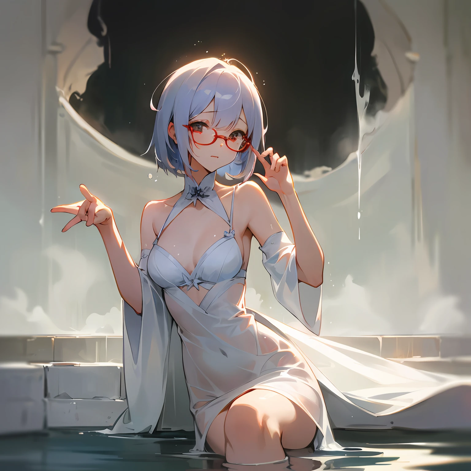 absurderes, 1girll, Glasses, Lingerie, The hot springs are steaming hot,Wearing a white yukata,Slender posture,Angelic face,Charming eyes。After soaking, real water flows from beneath the hot spring,A white mist blocks the chest,Seduction looked at the audience,Be red in the face,Raise your hand to please the gesture,is shy,Be red in the face,The expression of true love in front of you,a mature female。