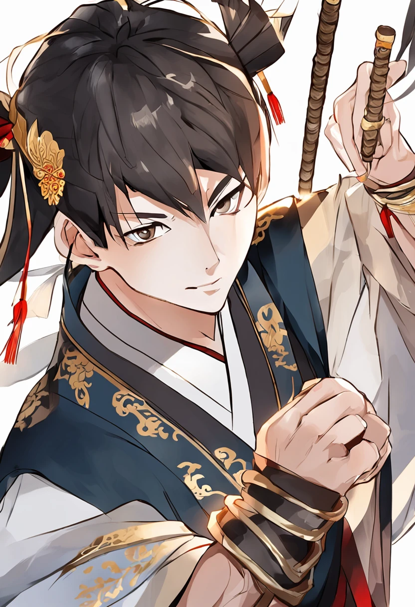 China-style。Martial arts boy,male people,Handsome face,Eyebrows are like swords,A pair of bright eyes reveal firm determination and endless wisdom。Short black hair flutters in the breeze,Pitch-black warrior costume,Fits snugly into shape,The robe is embroidered with gold wire,The pattern outlines a delicate pattern,Holding a steel longsword,The body of the sword is inlaid with gemstones shining with cold light。Foot on the clouds