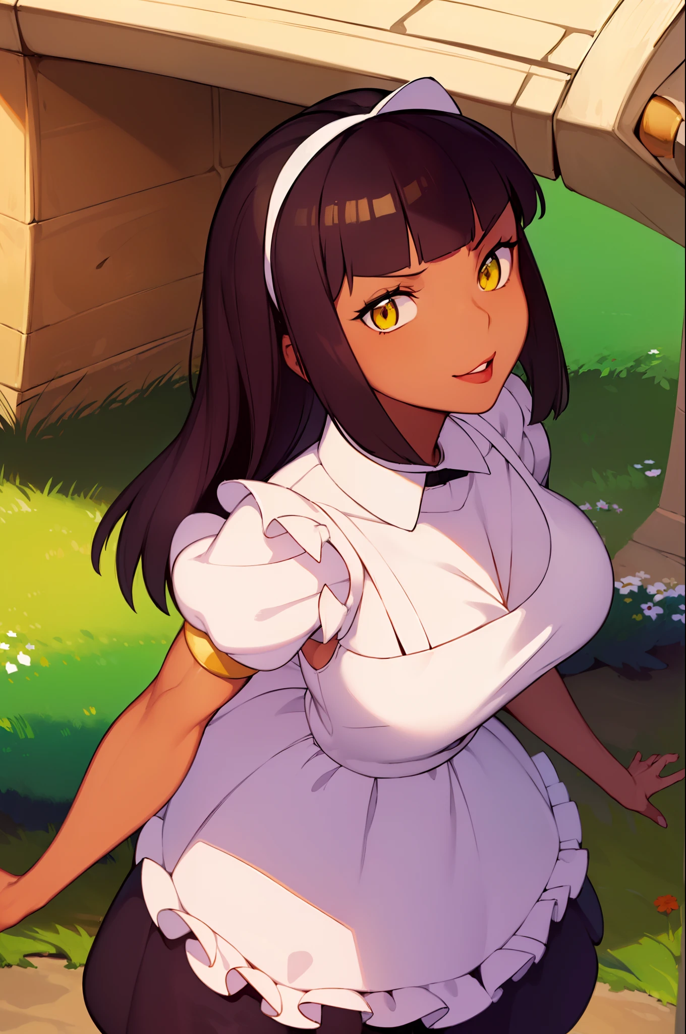 (masterpiece:1.4), (best qualit:1.4), (high resolution:1.4), Osira, black dress, white apron, black hairband, smile, looking at viewer, legend of queen opala, 1girl, osira (character), black hair, darkskinned female, yellow eyes, blunt bangs, big breasts, annoyed expression, looking at viewer