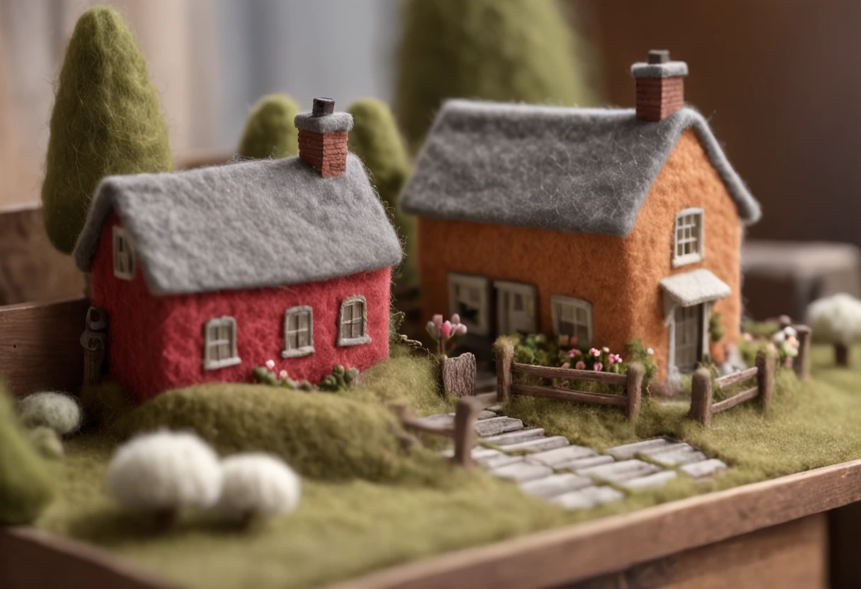 cute world of wool felt, wool knitted fabric, cartoon, some small houses, farms, barracks, warehouses, flower houses, super cute, superb lighting, volumetrics, by Jon Klassen, Ghibli Studio style, Tilt - shift, 80mm lens, Large aperture, 3d, blender, masterpiece, super detail, best quality