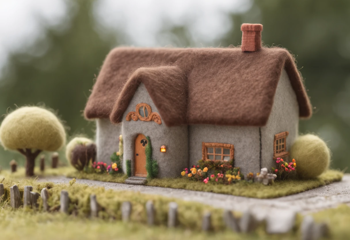 cute world of wool felt, wool knitted fabric, cartoon, some small houses, farms, barracks, warehouses, flower houses, super cute, superb lighting, volumetrics, by Jon Klassen, Ghibli Studio style, Tilt - shift, 80mm lens, Large aperture, 3d, blender, masterpiece, super detail, best quality