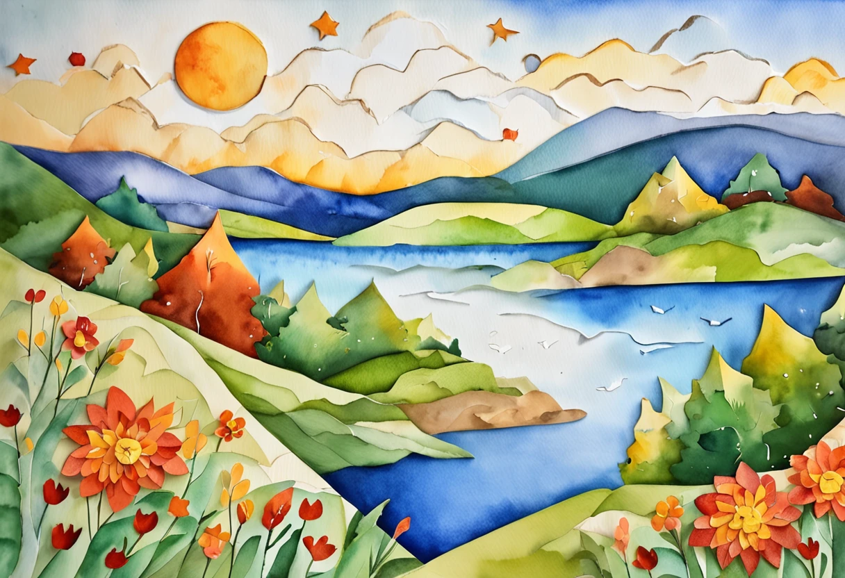 (Sandbox:1.4),cinematic angle,(Sun, white clouds, mountains, forests, rivers),(paper art,Quilted paper art,geomerty),(extremely colorful, Best quality, high detailed, Masterpiece, Cinematic Lighting, 4K, Chiaroscuro)
