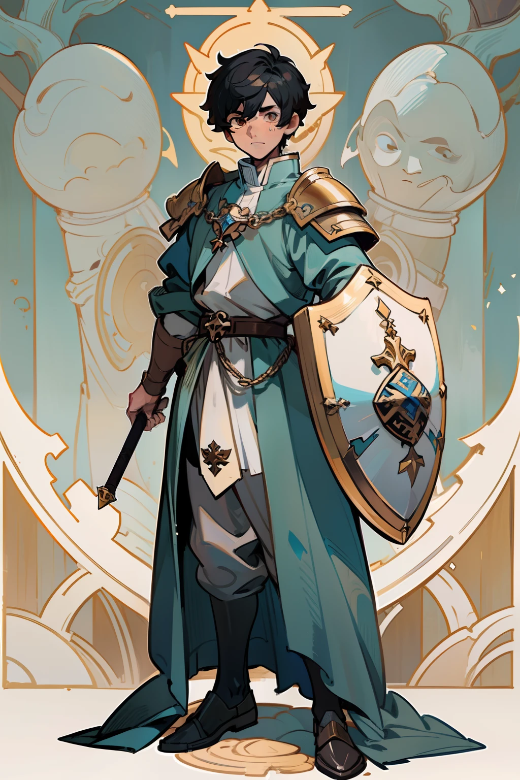 ((masterpiece - artwork - detailed - best quality)) - anime style - genshin impact style - 1 man - full body - male - black hair - brown eyes - cleric - medieval mass - hand - large shield - arm - tunic white - blue clothes - silver armor - golden ornaments - forest - standing - stone path - fence - stone - broken