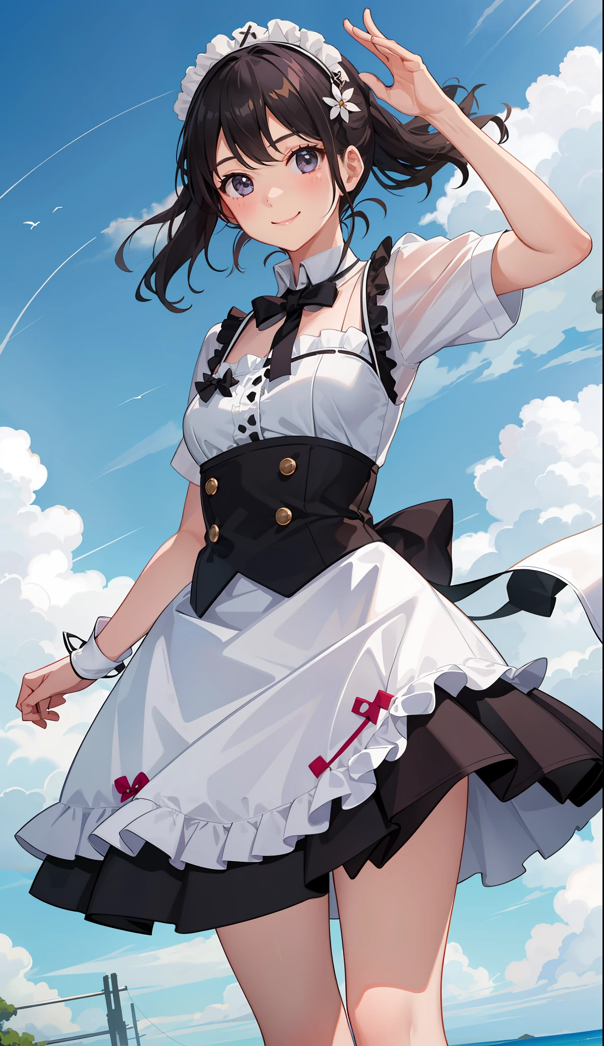 1girl in、A smile、The shirt、skirt by the、White fluffy dress、（small tits）、Chilarism、movement、the wind、