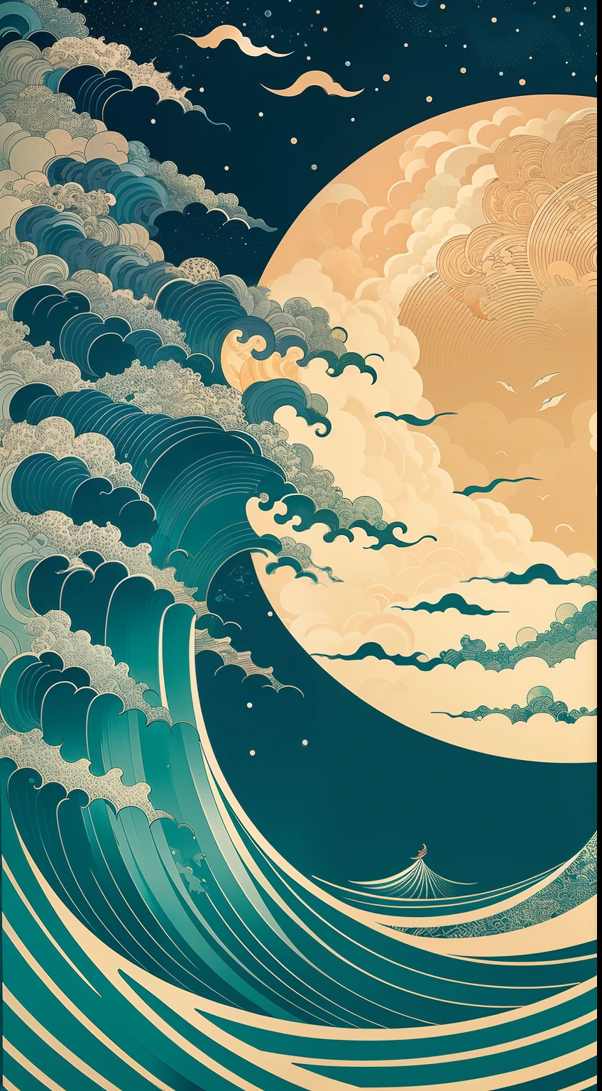waves at night big moon, victo ngai style, botticelli and victo ngai, victo ngai! muted colors, inspired by Victo Ngai, victo ngai and tristan eaton, by Victo Ngai, james jean and victo ngai, ( ( victo ngai ) )