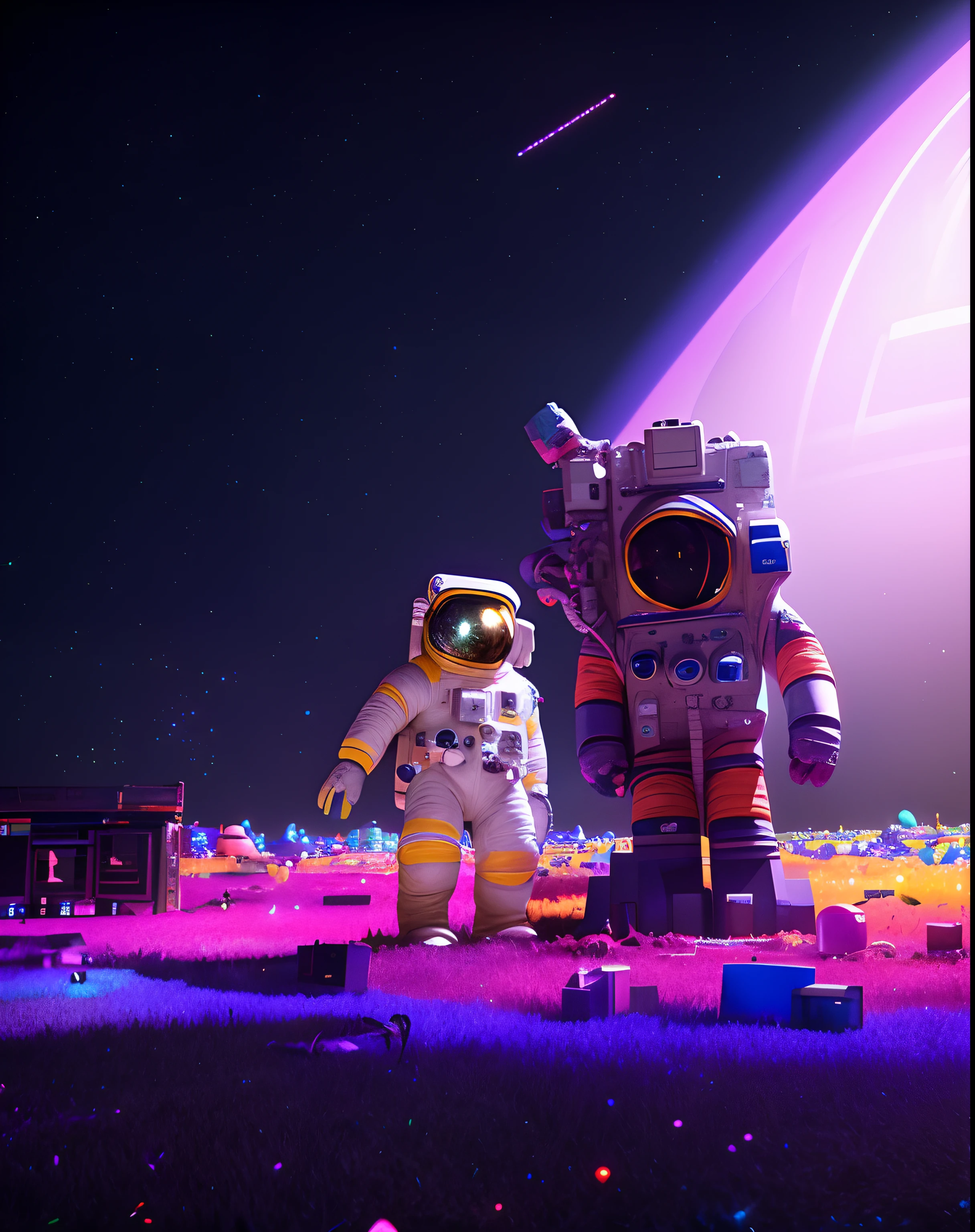 Astronaut in the field of colorful lights，glittery, beeple and greg rutkowski, beeple and mike winkelmann, Beeple e Tim Hildebrandt, beeple colors, 3 d render beeple, beeple artwork, artgem and beeple masterpiece, in the style of beeple, beeple masterpiece