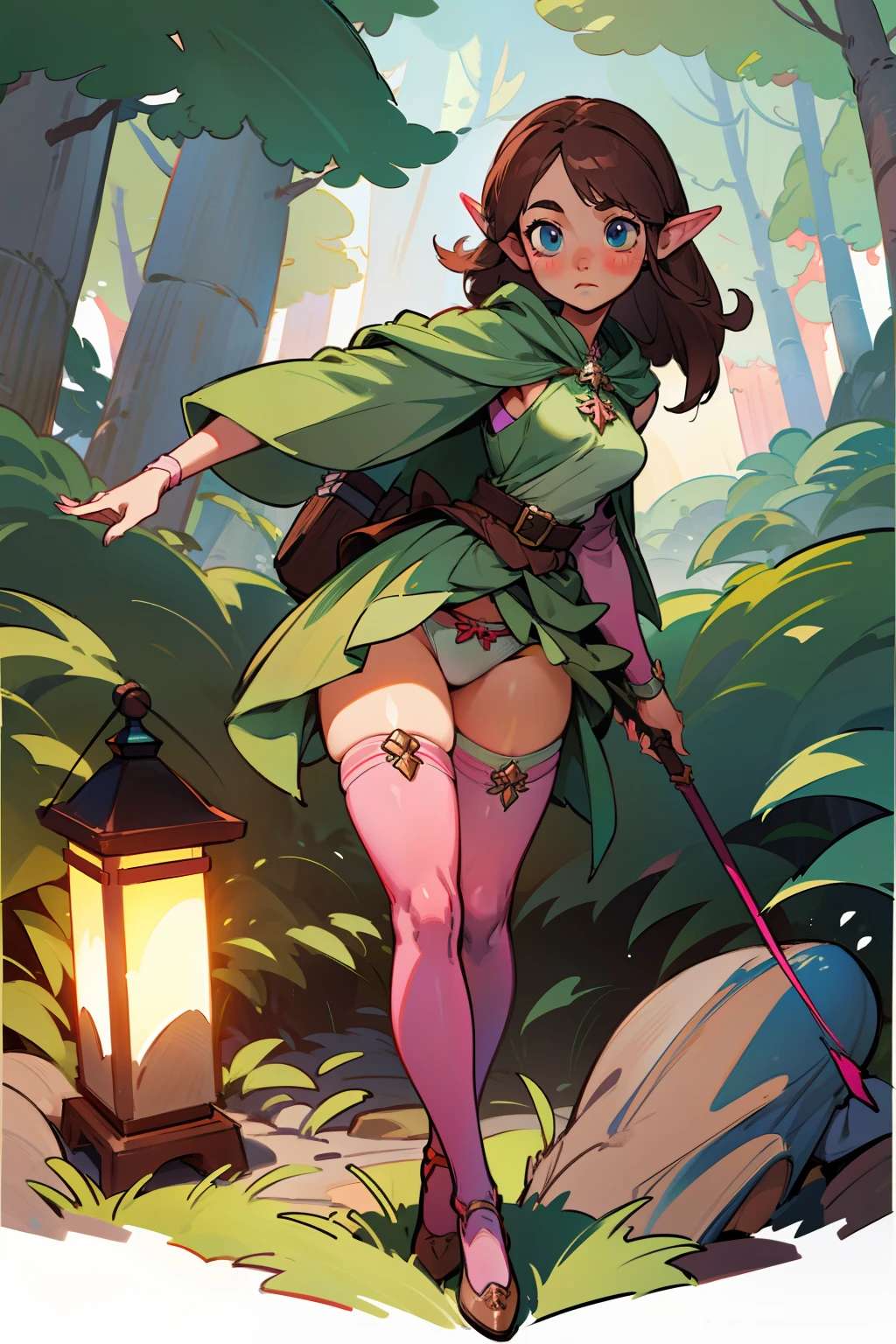 artwork, detailed, paying attention to details, 1 girl, forest, path, stone, lantern, elven race, full body, archer, army, bow, brown hair, long hair, hime cut, sky blue eyes, medium breasts, green elf outfit, pink miniskirt, tight white panties, crotchless, pink thigh-high stockings, thick thighs, exposed, exact proportions