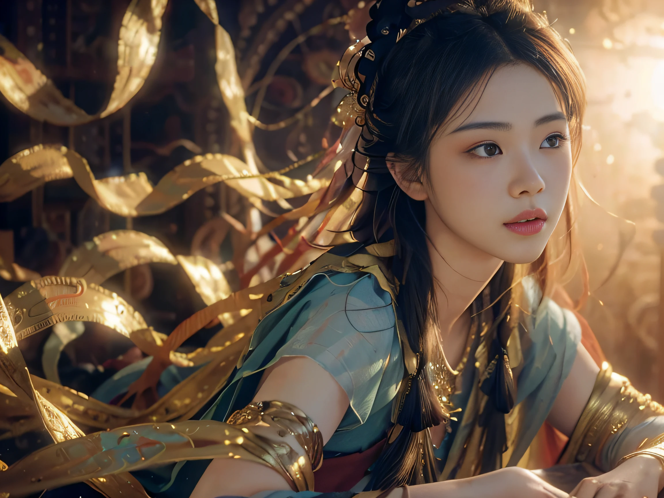 (RAW photo, best quality), (realistic, photo-realistic:1.3),best quality,highly detailed,masterpiece,ultra-detailed,illustration,1girl,upper_body,dynamic angle,world masterpiece theater,messy_long_hair,best quality,extremely detailed CG unity 8k wallpaper,ink,Amazing,cinematic lighting,lens_flare, dunhuang_style