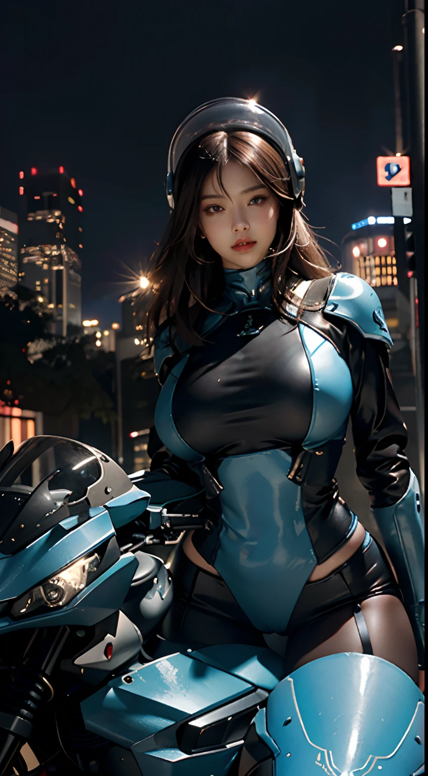 Highest image quality, outstanding details, ultra-high resolution, (realism: 1.4), the best illustration, favor details, highly condensed 1girl, with a delicate and beautiful face, gigantic boobs,sexy dressed in a black and blue mecha, wearing a mecha helmet, holding a directional controller, riding on a motorcycle, the background is a high-tech lighting scene of the future city.