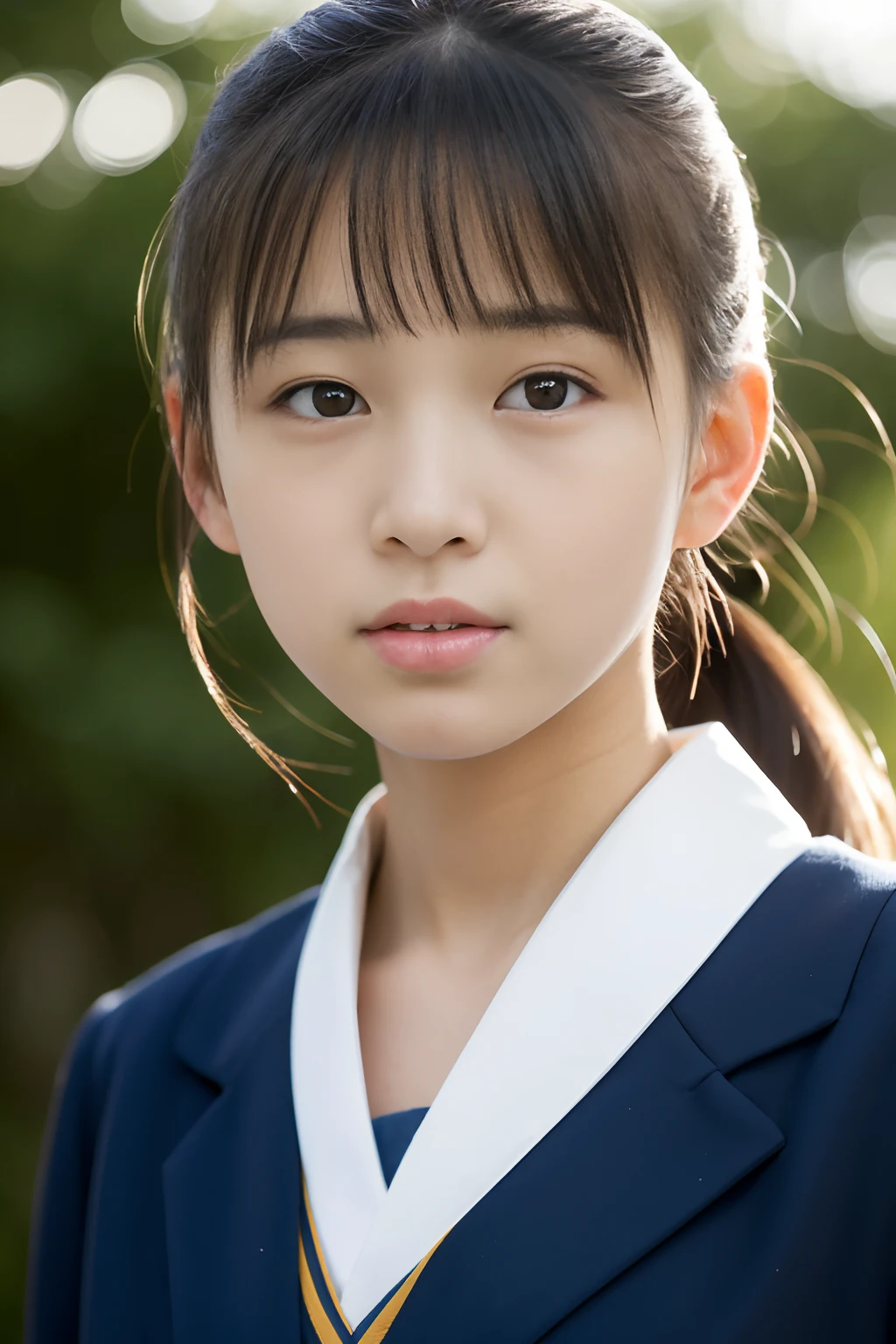 Lens 135mm f1.8,(Best Quality),(masutepiece:1.1), (Beautiful Japan girl), cute face, ((flat chest)), (Small breasts), (look at another),
(Chiseled face:0.7), (hitornfreckles:0.6), (close-up:1.4), Tongue out, Short ponytail,
Dappled sunlight, Dramatic Lighting, (Japan school uniform), (in a school),