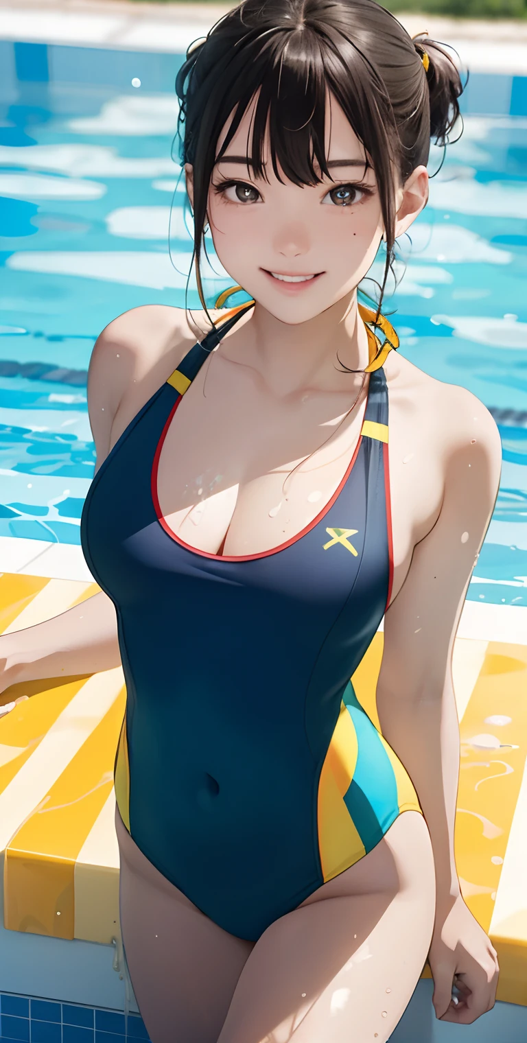 realisticlying、18-year-old girl、Wearing a yellow competition swimsuit，Smile，Cleavage emphasis，Face Real，lips a little red，cheeks a little red，A sexy，swimming pools