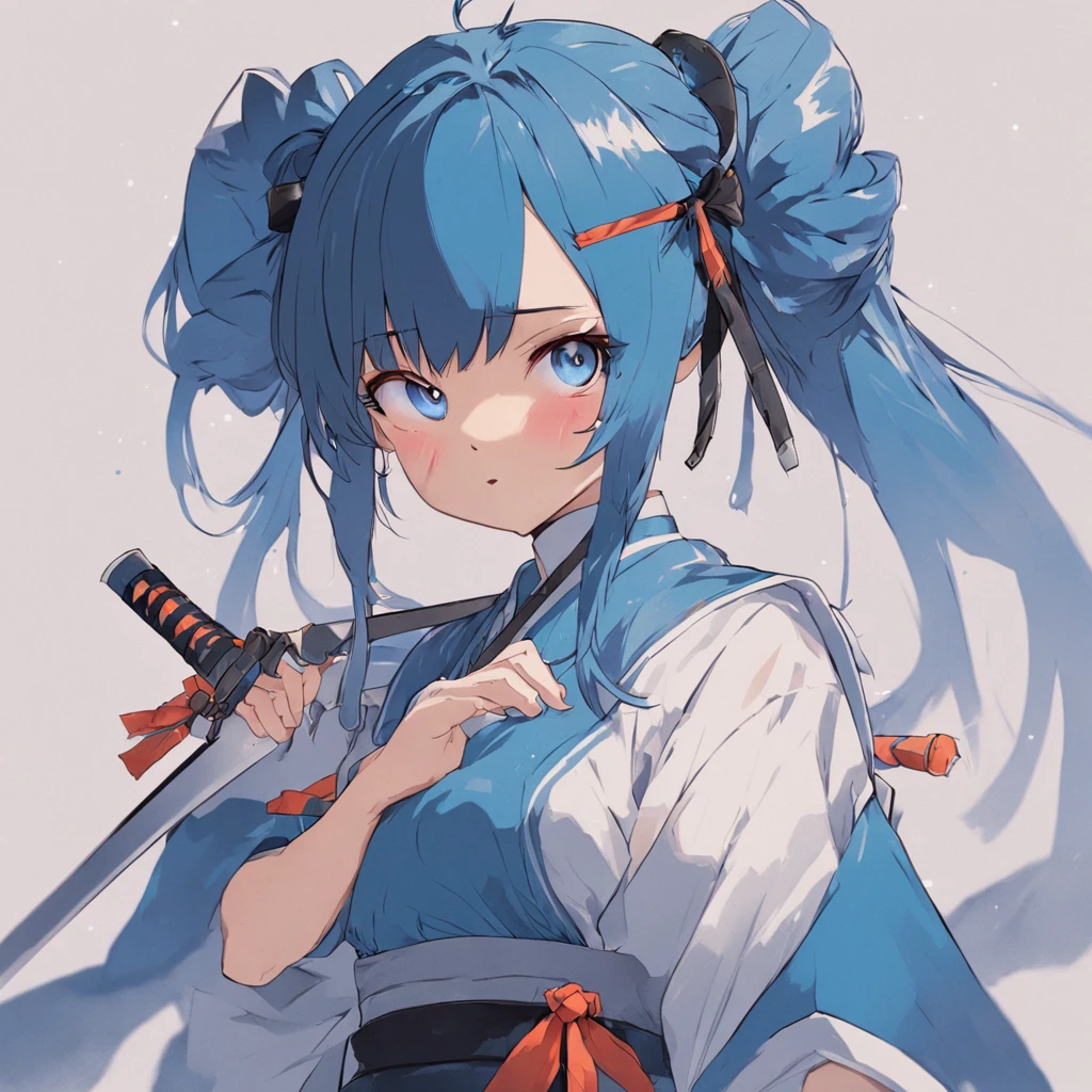 Anime-style, 1girl in, Solo, expressionless face, Blue hair, Long length, Twintails with ahoge, Right eye covered with bangs, Blue eyes, Dressed in traditional costume with black Japan, Black clog sandals, Drawing a bow, Against the background of dimensionlessness, full-body composition, In the pose of firing a bow and arrow.