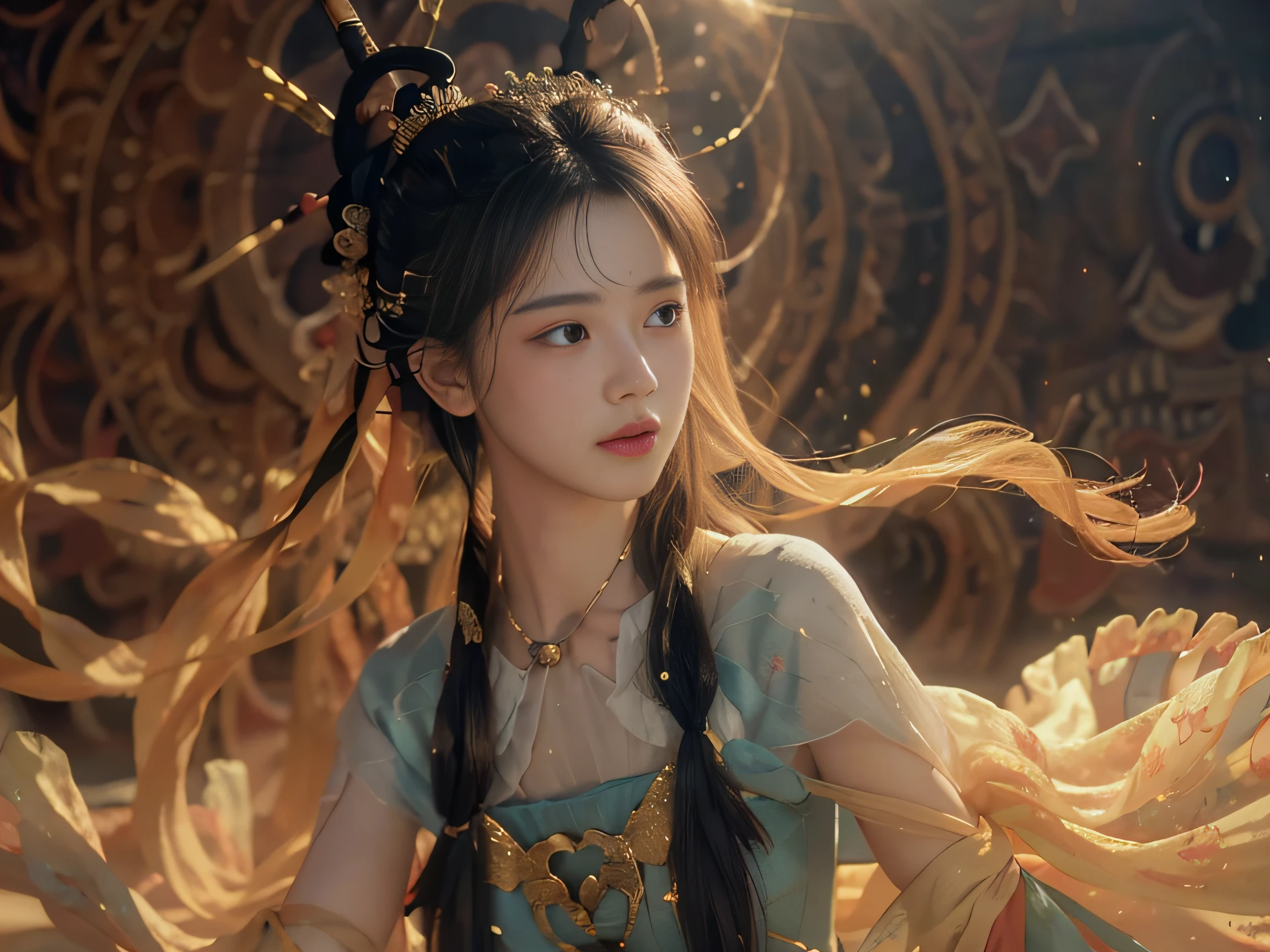 (RAW photo, best quality), (realistic, photo-realistic:1.3),best quality,highly detailed,masterpiece,ultra-detailed,illustration,1girl,upper_body,dynamic angle,world masterpiece theater,messy_long_hair,best quality,extremely detailed CG unity 8k wallpaper,ink,Amazing,cinematic lighting,lens_flare, dunhuang_style
