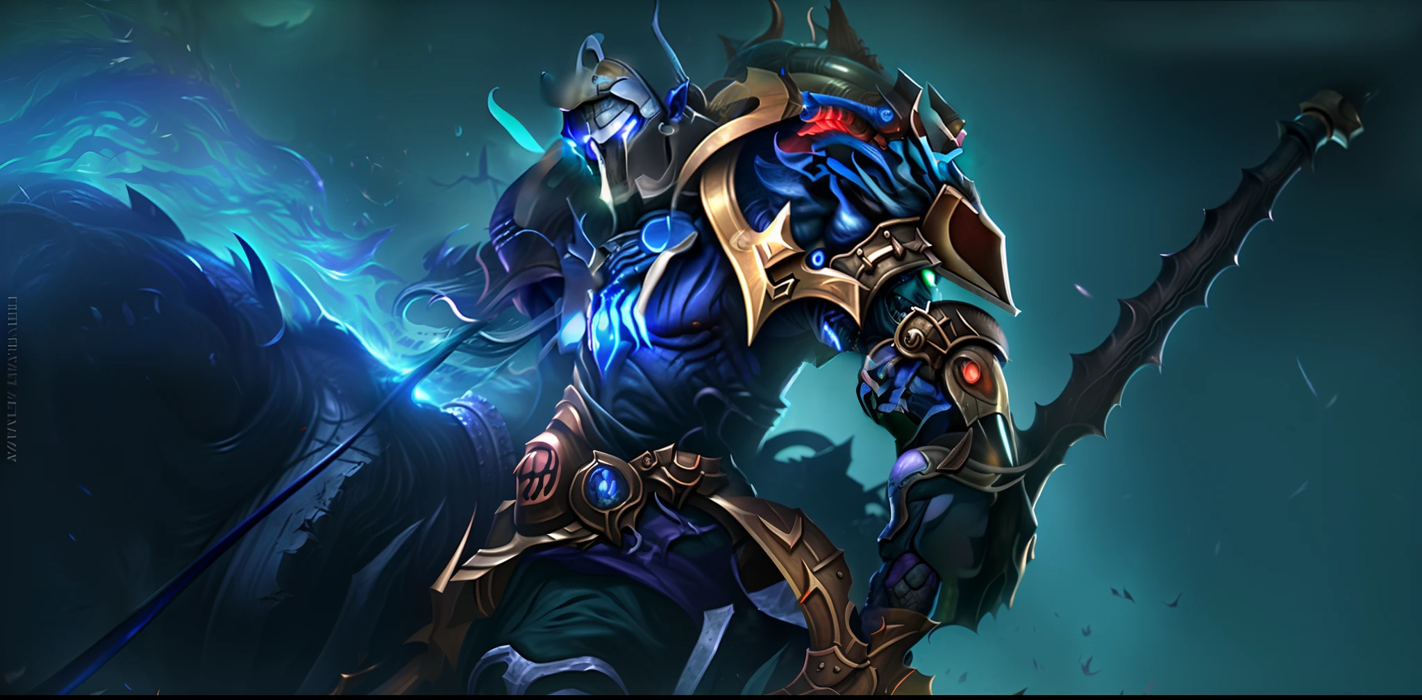 um close up de uma pessoa em um cavalo com uma espada, heroes of the storm splash art, Warwick Santo, Arte Splash, Splash Art Oficial, 8 K HD WallpaperArtefato jpeg, 8k hd wallpaperjpeg artefato, nasus, cavaleiro da morte, League of Legends arte splash, Raziel IRL, Jayce Arcano, cavaleiro da morte