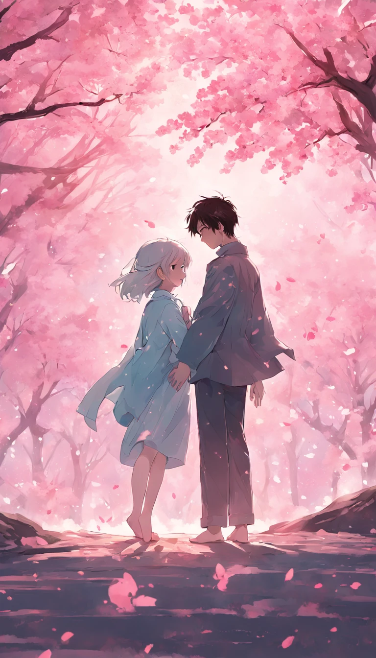 Couples embrace,The upper part of the body,A boy with,one-girl,Under the cherry blossom trees,Fluttering cherry blossoms,low-saturation,pale-blue( reasonable design, Clear lines, High sharpness,Best quality, Very detailed, Masterpiece, movie light effect, 4K )