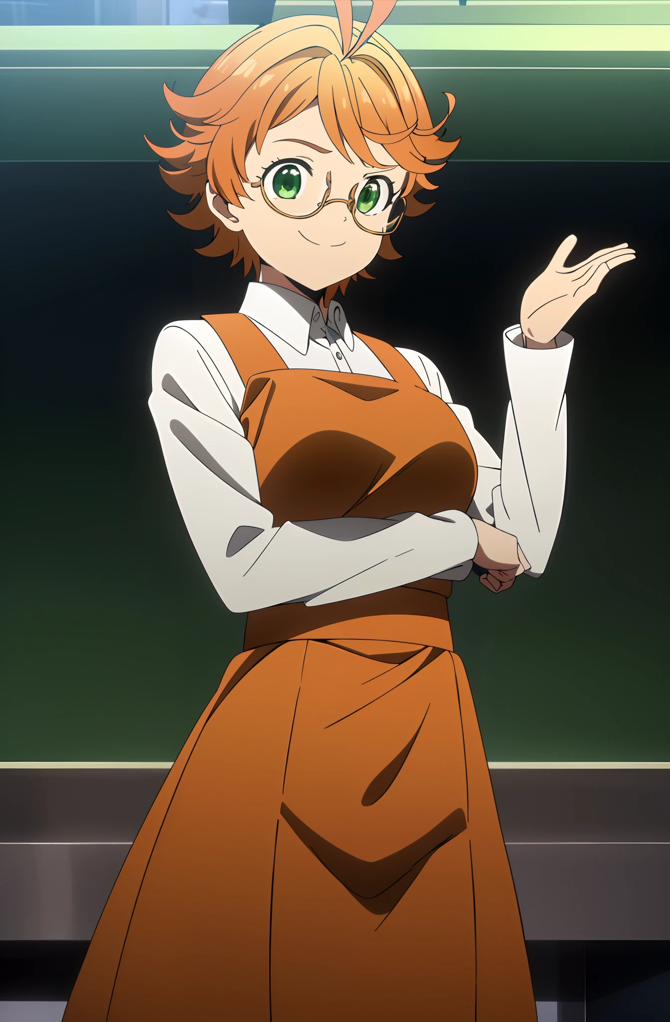 (1girl, solo), EmmaNeverland, orange hair, (green eyes:1.2), short hair, ahoge, magical girl, skirt, smile, action pose, ornate clothes, dress train, magic hair ornament, cowboy shot, tiara, orange clothes, BREAK magic background, starry background,  (masterpiece:1.2, best quality), glasses, ((rim-less eyewear)), Kyoto school uniform, short hair, (((mature female))), tall, beautiful, sexy, medium breast, milf