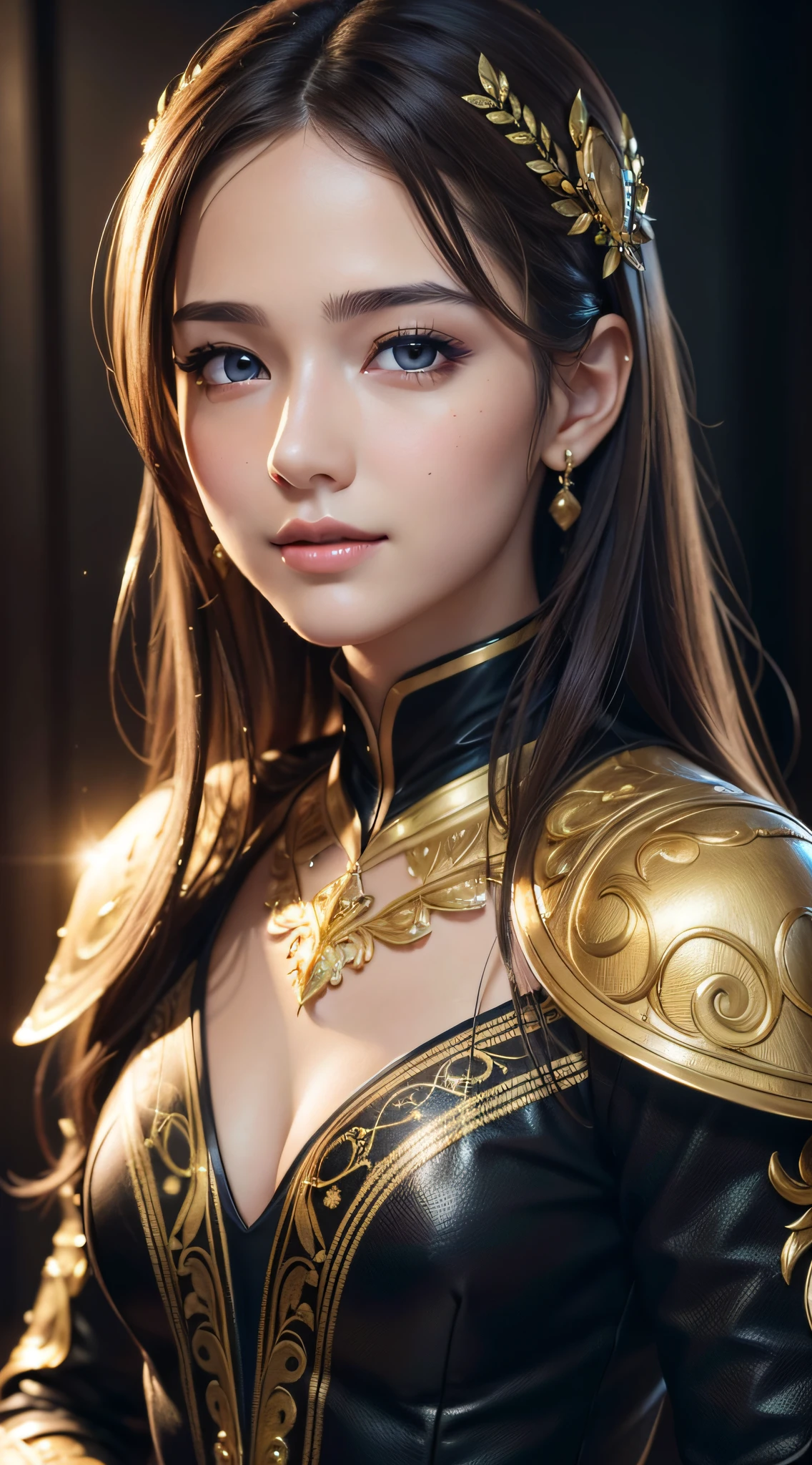 best quality, masterpiece, (realistic:1.2), 1 girl, brown hair, brown eyes, Front, detailed face, beautiful eyes, wear golden black suit, best quality, masterpiece, (realistic:1.2), 1 girl, detailed face, beautiful eyes, [(Transparent background:1.5)::5], (((masterpiece))), (((best quality))),(((extremely detailed))), illustration, 1girl, solo, mysterious, multi-color eyes, detailed eyes, hyper detailed, light smile, highly detailed, beautiful, small details, ultra detailed, best quality, intricate, 4k, 8k, trending on art station, good anatomy, beautiful lighting,