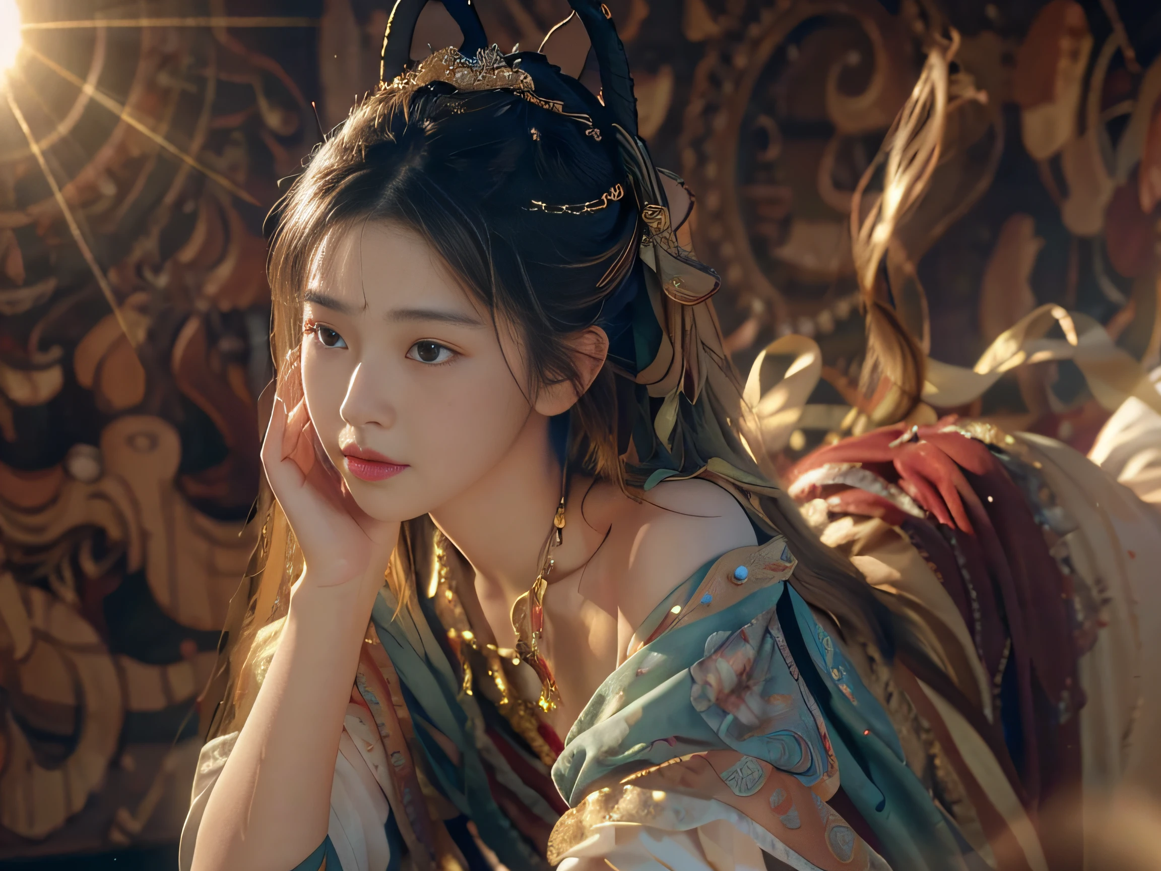 (RAW photo, best quality), (realistic, photo-realistic:1.3),best quality,highly detailed,masterpiece,ultra-detailed,illustration,1girl,upper_body,dynamic angle,world masterpiece theater,messy_long_hair,best quality,extremely detailed CG unity 8k wallpaper,ink,Amazing,cinematic lighting,lens_flare, dunhuang_style