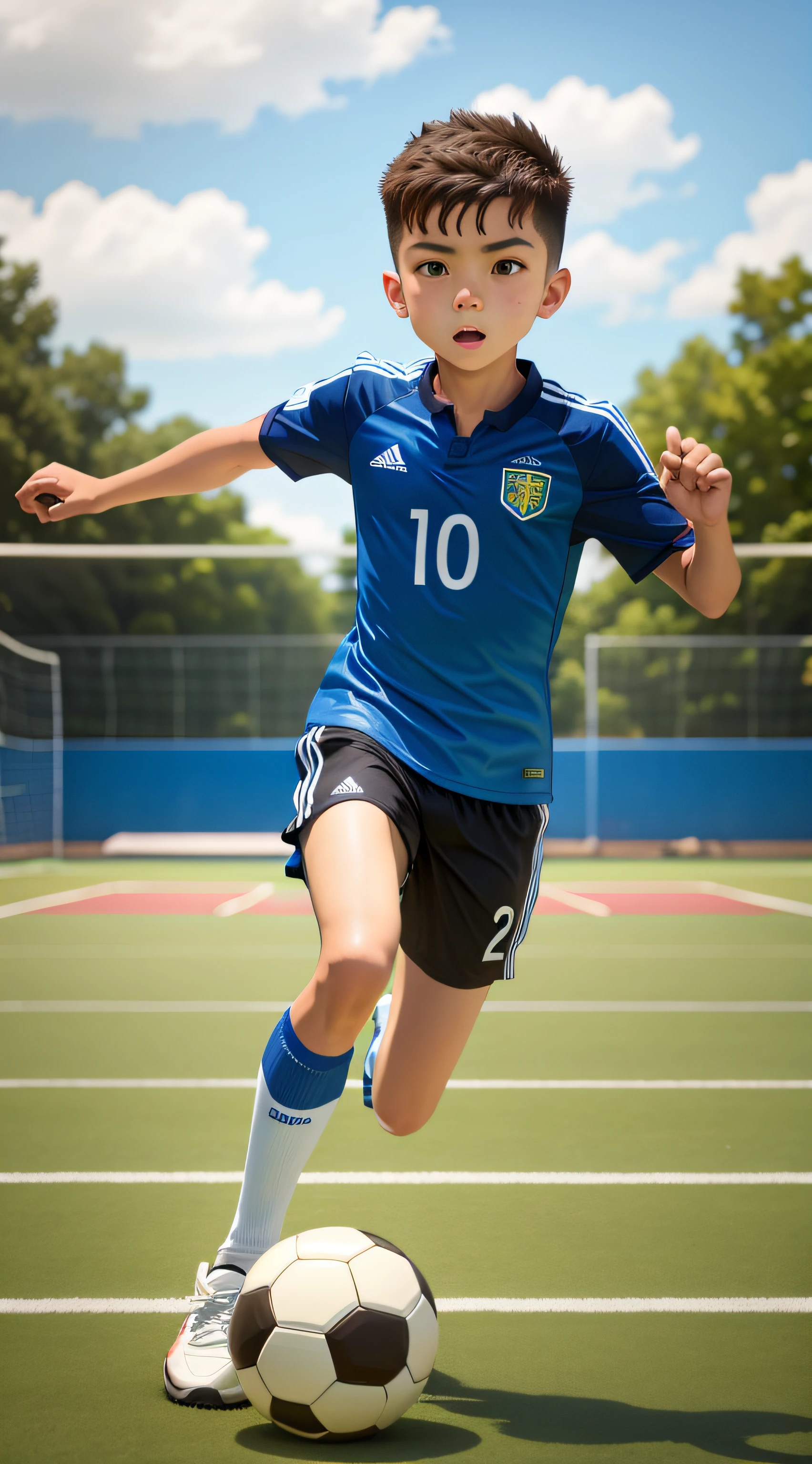 A boy is playing soccer，soccer court