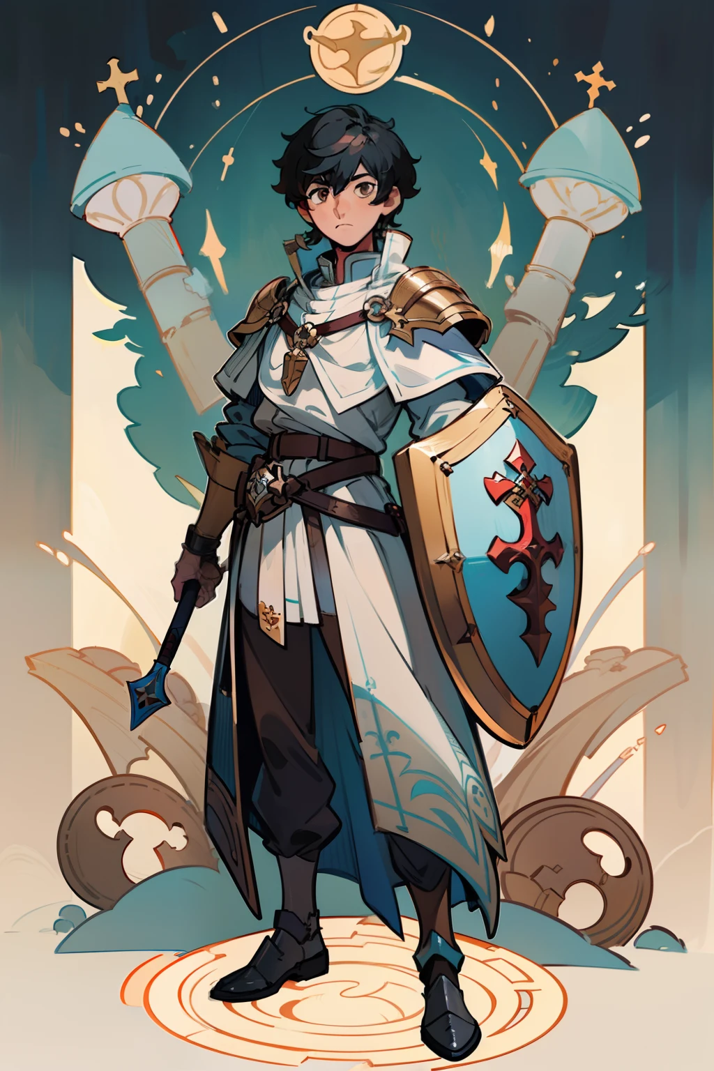 ((masterpiece - artwork - detailed - best quality)) - anime style - genshin impact style - 1 man - full body - male - black hair - brown eyes - cleric - medieval mass - hand - large shield - arm - tunic white - blue clothes - silver armor - golden ornaments - forest - standing - stone path - fence - stone - broken