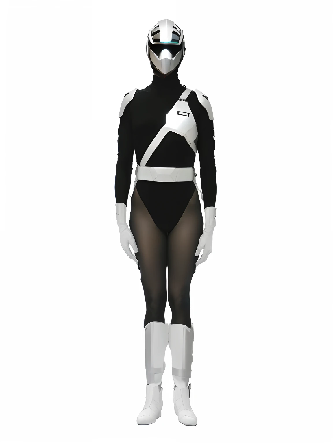 Close-up of a person in a black and white costume, laserpunk fullbodysuit, In the mercenary suit of the dark universe, full body with costume, lycra costume, sci fi futuristic costume, Reflective suit, tokusatsu suit vaporwave, black armored uniform, Vantablack GI, in a space cadet outfit, dystopian scifi outfit, skintight silver armor、fishnet tights、huge tit、highleg