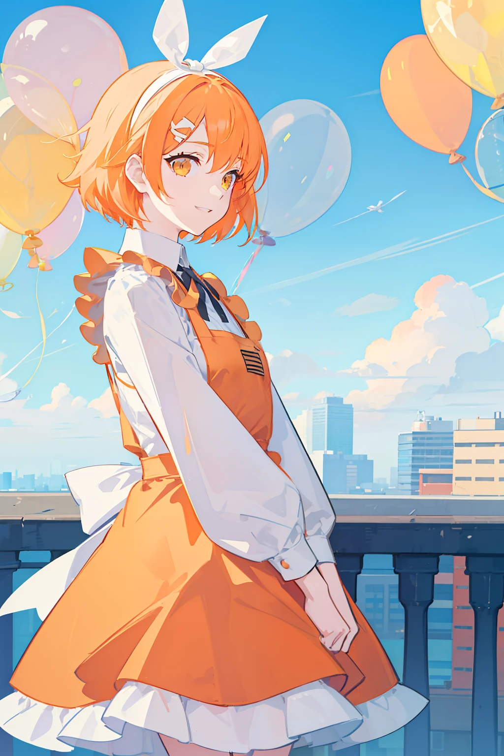 masterpiece, best quality, 1girl, solo, orange hair, short hair, shoulder-length hair, straight hair, orange eyes, round eyes,, (((orange apron dress))), ((long sleeves)), knee-length dress, frills, (((white ribbon hair band))), On the roof of a building, leaning against the fence on the roof, (with one's arms resting on the railing), overlooking the road, as close as it might fall in the noon, blue sky, clear sky, ((full of balloons in the air)), laughing, seeing a viewer, ((detail face))