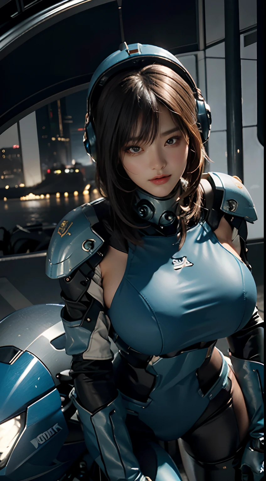 Highest image quality, outstanding details, ultra-high resolution, (realism: 1.4), the best illustration, favor details, highly condensed 1girl, with a delicate and beautiful face, gigantic boobs,sexy dressed in a black and blue mecha, wearing a mecha helmet, holding a directional controller, riding on a motorcycle, the background is a high-tech lighting scene of the future city.