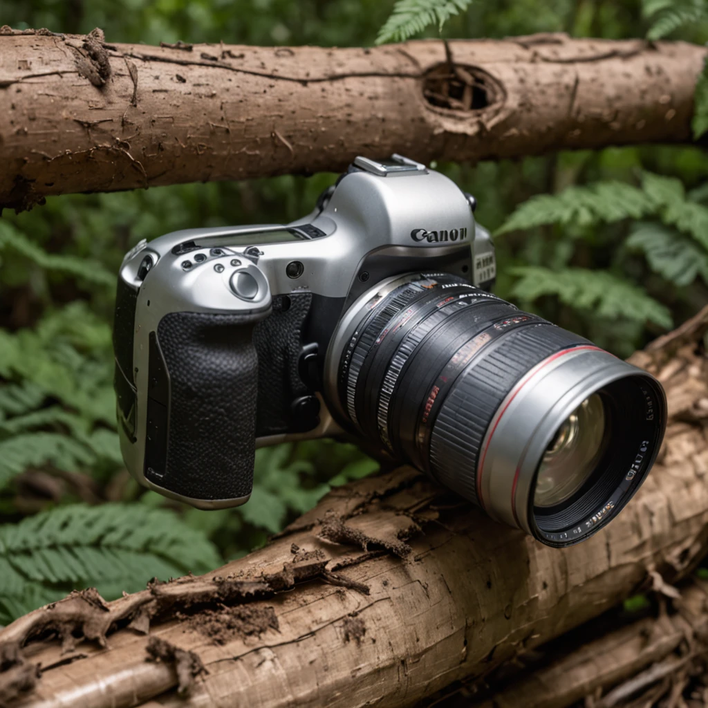 A giant soda can on top of a log in the undergrowth in the middle of the Amazon rainforest + imagem limpa + studiolight + Front view + foto tirada por Canon EOS 5D Mark IV + fotografia de estilo de produto + Commercial advertisement + Realistic photo, 8k --com 4 :5 --estilo cru --s