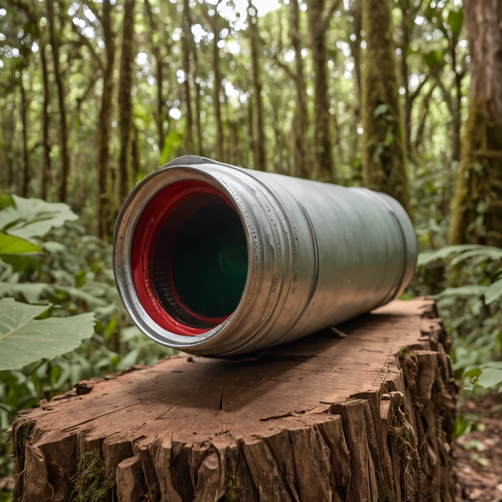 A giant soda can on top of a log in the undergrowth in the middle of the Amazon rainforest + imagem limpa + studiolight + Front view + foto tirada por Canon EOS 5D Mark IV + fotografia de estilo de produto + Commercial advertisement + Realistic photo, 8k --com 4 :5 --estilo cru --s