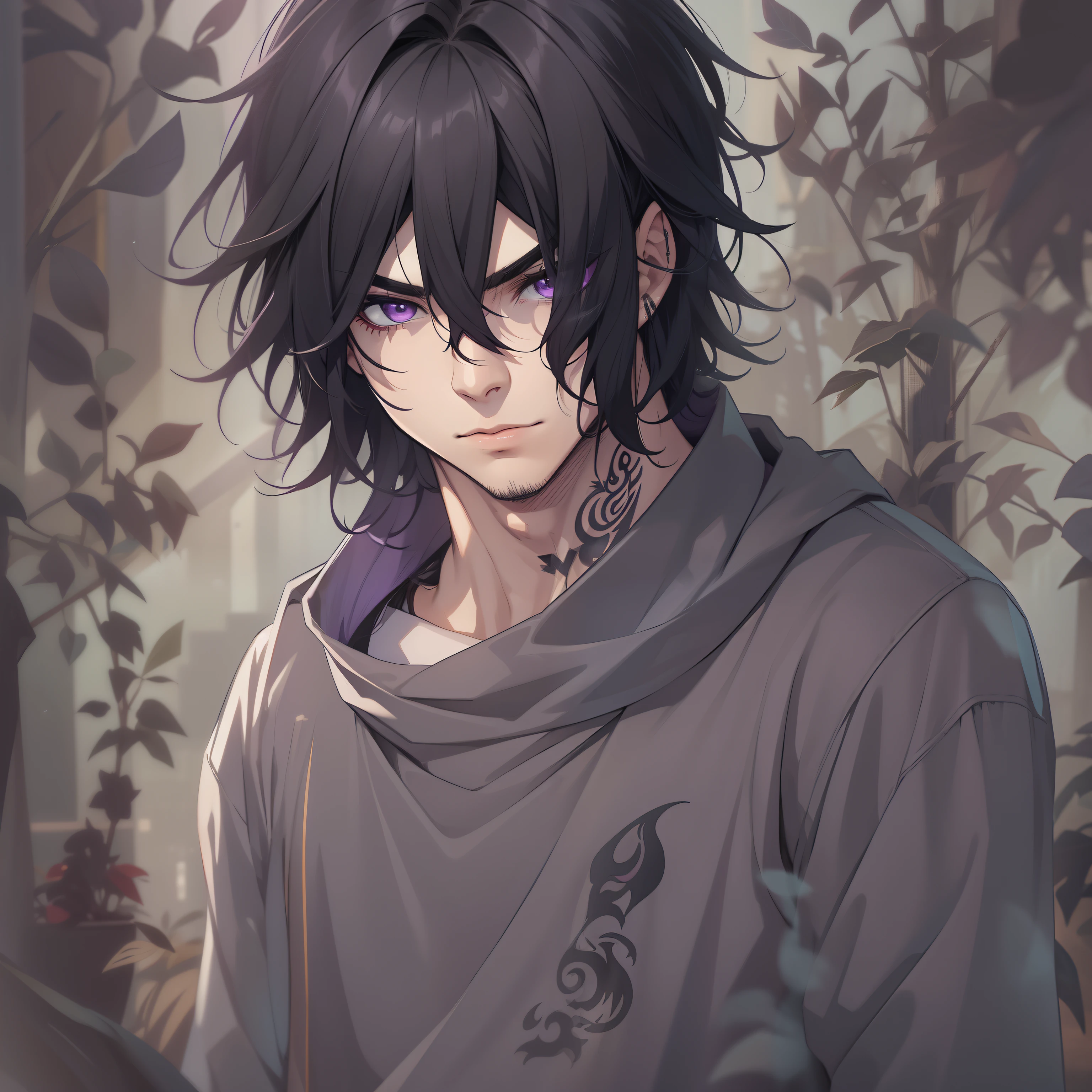 Man, medium black hair, young man, rebel, bangs, neck length hair, purple eyes, neck tattoos, handsome, anime
