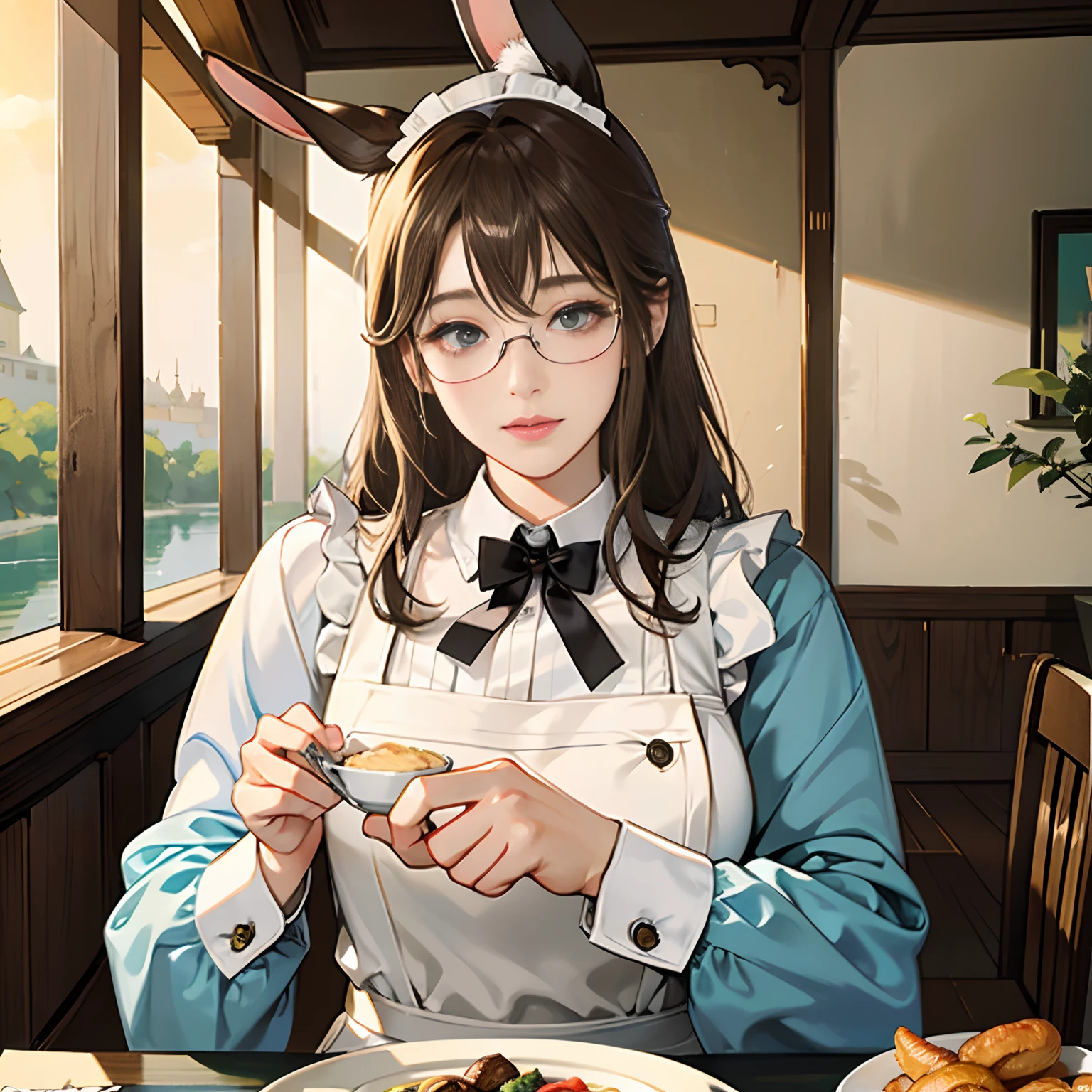 Women in Their 20s, offcial art, unity 8k wall paper, ultra-detailliert, beautifly、Aesthetic, ​masterpiece, top-quality, Photorealsitic、Rabbit clan、Rabbit ears、Lop Ear、Rimless glasses、Tied hairstyle、maid clothes、Katyusha、frilld、pinafore、depth of fields, Fantastic atmosphere, Calm palette, tranquil mood, Soft shading、Beautiful Landscapes、bbw、very large breast、plump figure、frying hands、Carry meals、Table on the terrace、Luxurious mansion