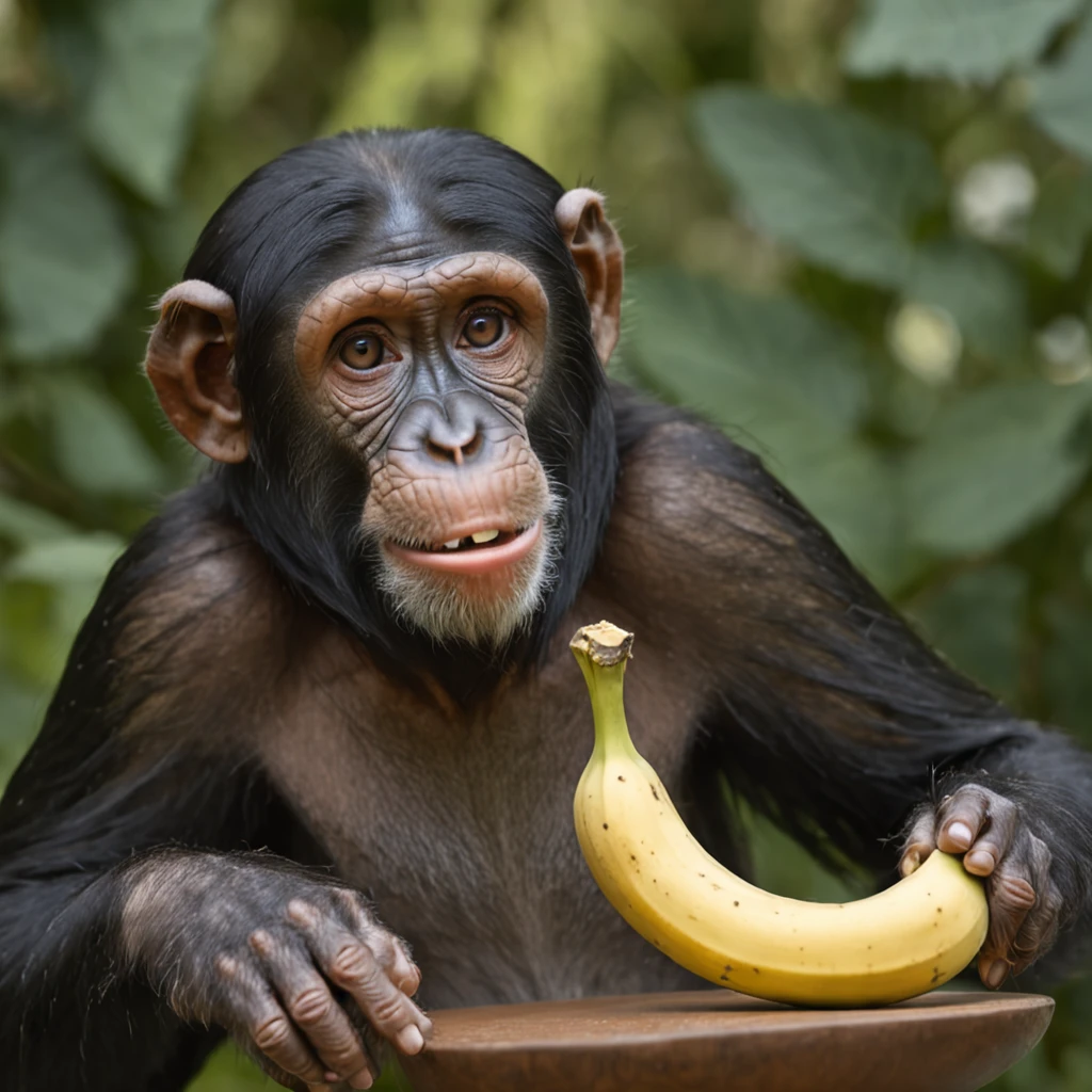 Por favor, generate an image that depicts a surreal environment where a realistic chimpanzee monkey is sitting in front of a modern computer. O computador exibe uma tela cheia de bananas, Creating a funny and unique scene. The chimpanzee monkey seems to be curious as he looks at the bananas on the screen, como se estivesse interagindo com elas. Ademais, The monkey also has a zombie aspect, com olhos e pelagem em tons estranhos, adding an element of mystery and fantasy to the scene. Be sure to include plenty of detail in the monkey's facial expressions, in the textures of bananas and the appearance of the modern computer