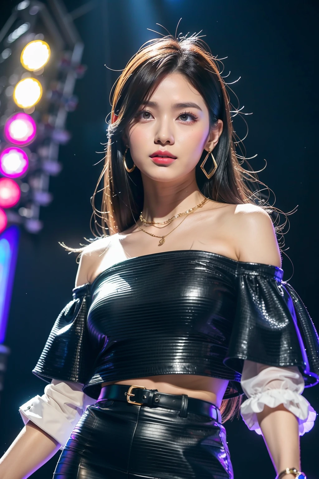 (8K分辨率,Full body photo in the distance,Realistic wallpapers),(1 female,18yr old,(Rina Kuroki's facial features:1.6,Broad bone surface,babyfat,s delicate face),com rosto detalhado,(Delicate Japanese makeup,Stage pop makeup),Lovely face,com rosto detalhado,详细的脸,Ultra-fine makeup,Black colored eyes,(Look into the distance),Big wavy long hair,(By bangs,dual horsetail,Messy hair,Messy has layers),Redlip,Fair smooth skin,(Best Skin Type:1.21),mediuml breasts,(Off-the-shoulder white shirt,Ultra shorts,(materpiece:terylene,Lycra cotton,elasticity),big earrings,Fashion necklace,high-heels),Tall and tall,perfect hand,Ultra-fine clothing material),(Stage performances,Exquisite stage details,(Vista view of the catwalk,Outdoor catwalk,Tokyo fashion show,neonlight,There were a lot of spectators in the audience,Model on the catwalk)),(exhilarated,confident smile,Rejoice),(Various stage lighting assistance,profesional lighting,动态照明),((vibrant with colors,Reserved,ellegance,vivaciousness,(white colors,purpleish color,blue colors,In pink))),(Golden section,Cinema lenses,Hasselblad photograp,tmasterpiece:1.3),(Pure,adolable,and the sun was shining brightly,boisterous,Bigboobs,boisterous,dream magical,Sexy little woman,trendsetting,Street style,Artis,Art platform