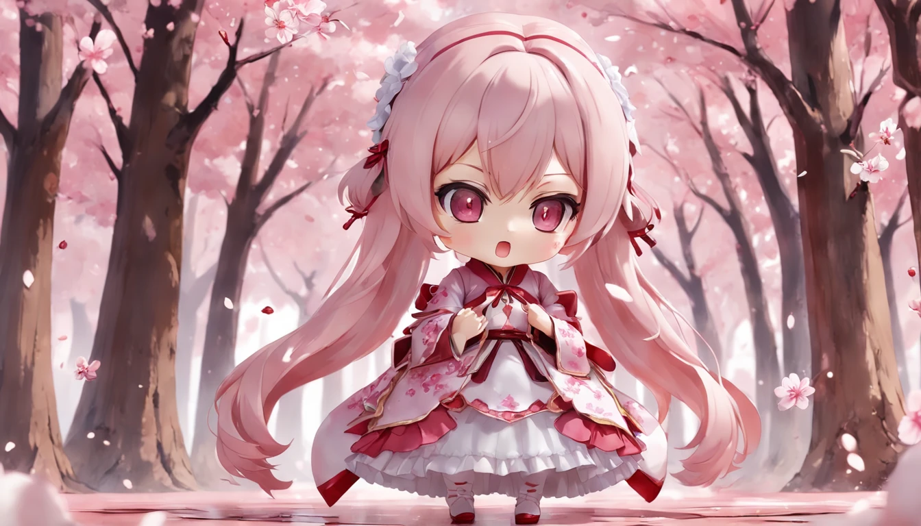 Doll standing in front of painting, angry face, Sengai, pixiv, Rococo, Dolfie Dream, watercolor Nendoroid, (high definition figure), flowing cherry colored silk, nendroid, highly_detailed!!, cherry blossom petals, flowing cherry blossom silk, season!!: 🌸 ☀ 🍂 ❄