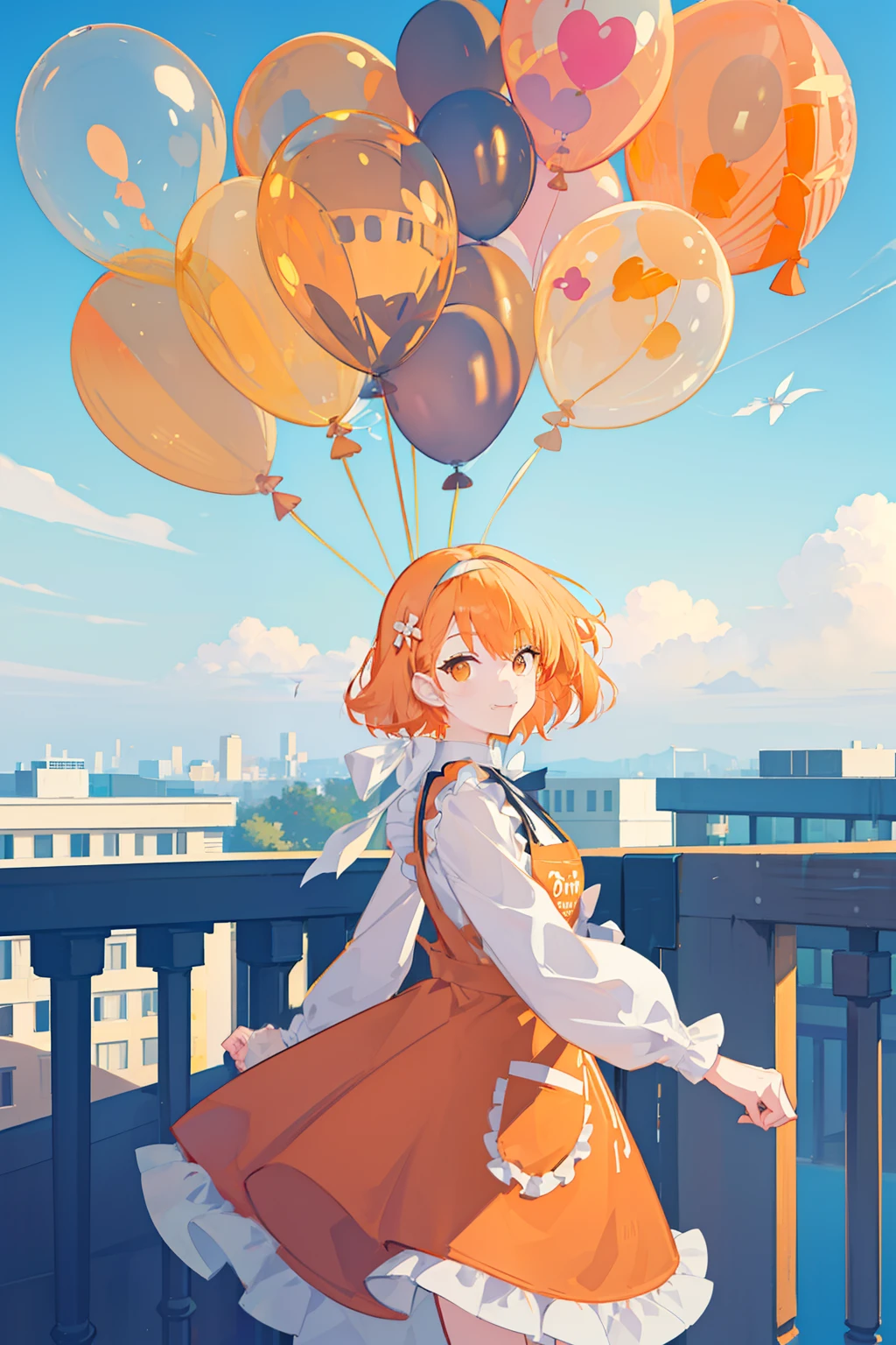 masterpiece, best quality, 1girl, solo, orange hair, short hair, shoulder-length hair, straight hair, orange eyes, round eyes,, (((orange apron dress))), ((long sleeves)), knee-length dress, frills, (((white ribbon hair band))), On the roof of a building, leaning against the fence on the roof, (with one's arms resting on the railing), overlooking the road, as close as it might fall in the noon, blue sky, clear sky, ((full of balloons in the air)), laughing, seeing a viewer, ((detail face))