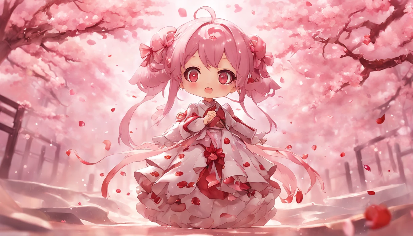 Doll standing in front of painting, angry face, Sengai, pixiv, Rococo, Dolfie Dream, watercolor Nendoroid, (high definition figure), flowing cherry colored silk, nendroid, highly_detailed!!, cherry blossom petals, flowing cherry blossom silk, season!!: 🌸 ☀ 🍂 ❄
