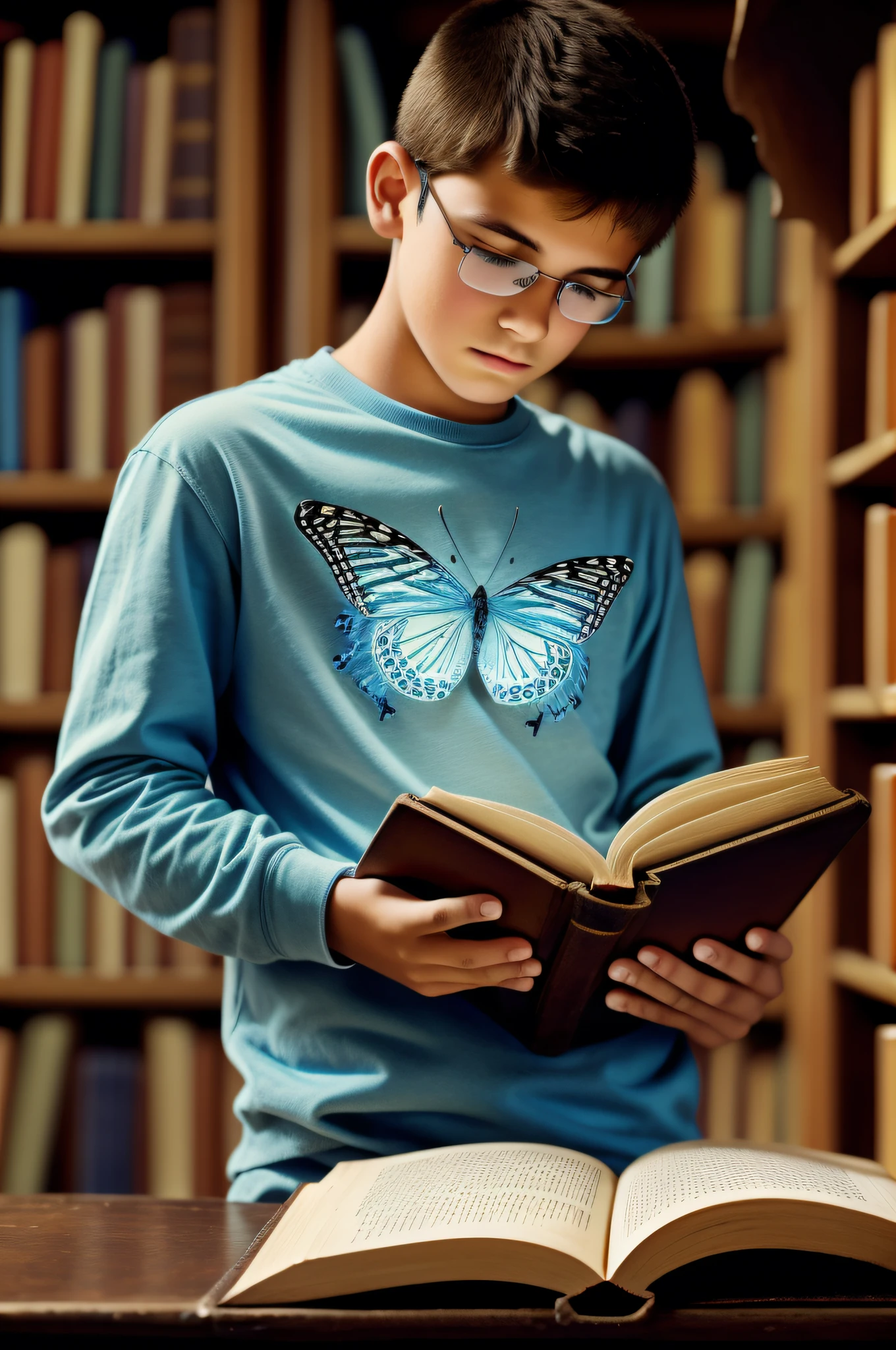 boy in an old library holding a book, which has a butterfly