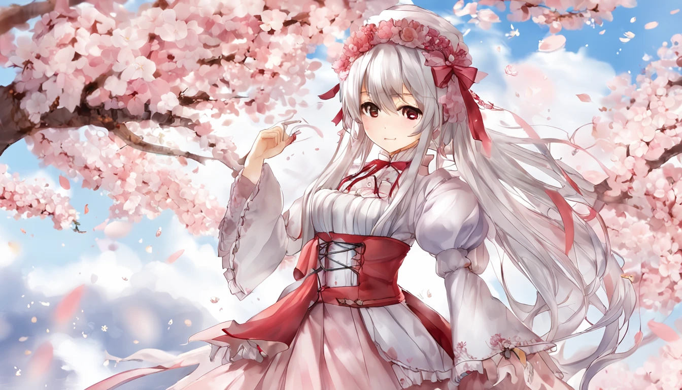 Doll standing in front of painting, angry face, Sengai, pixiv, Rococo, Dolfie Dream, watercolor Nendoroid, (high definition figure), flowing cherry colored silk, nendroid, highly_detailed!!, cherry blossom petals, flowing cherry blossom silk, season!!: 🌸 ☀ 🍂 ❄